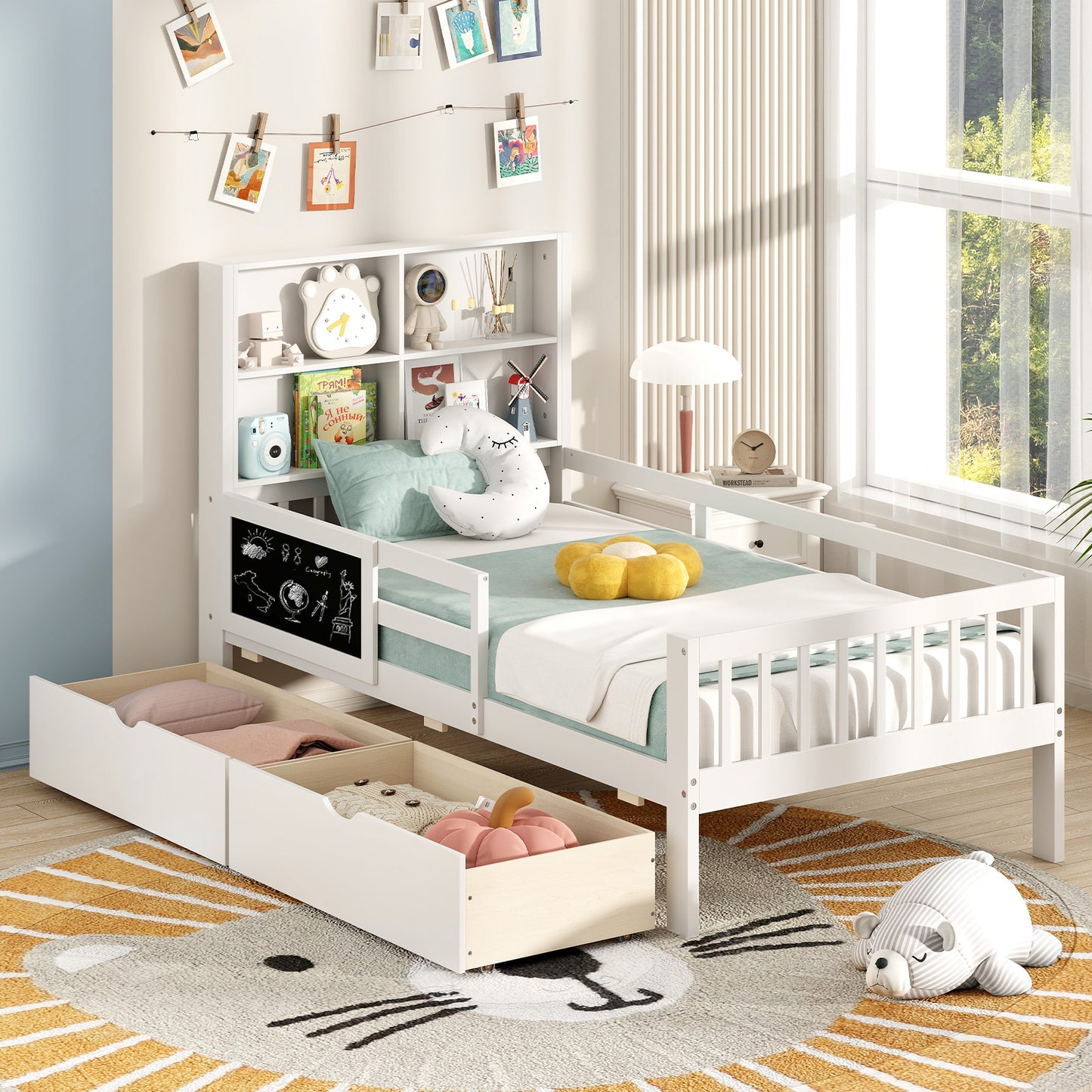 Twin/Full Size Bed Frame with 2 Drawers and Bookcase for Boys and Girls-Twin Size Kids Crystal