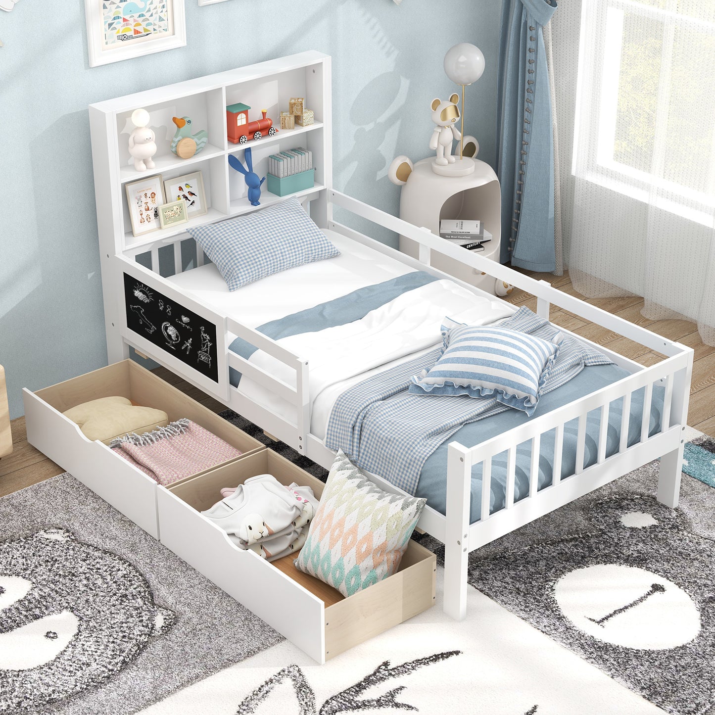 Twin/Full Size Bed Frame with 2 Drawers and Bookcase for Boys and Girls-Twin Size Kids Crystal