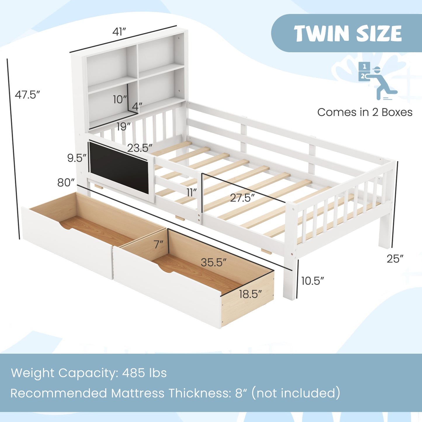 Twin/Full Size Bed Frame with 2 Drawers and Bookcase for Boys and Girls-Twin Size Kids Crystal