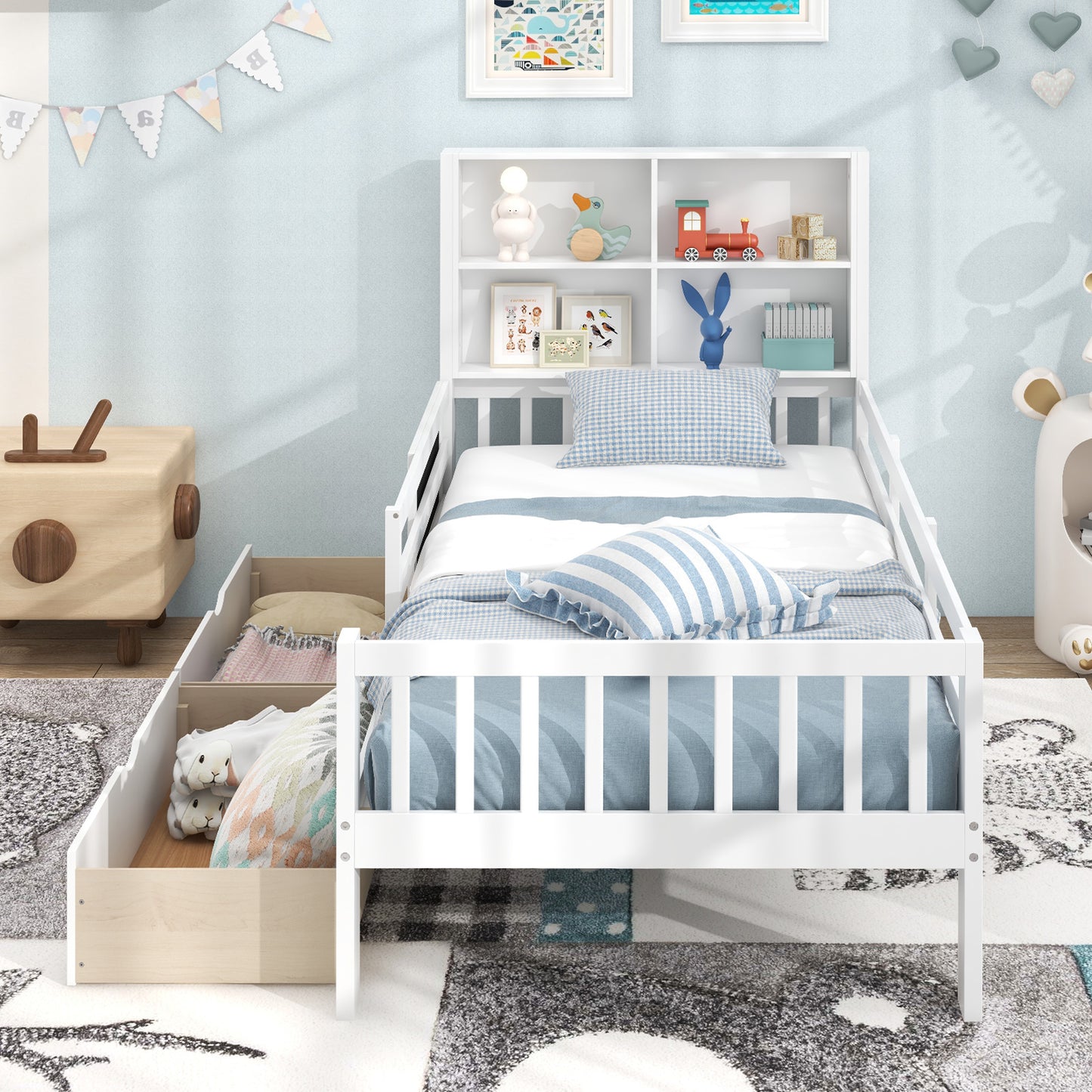 Twin/Full Size Bed Frame with 2 Drawers and Bookcase for Boys and Girls-Twin Size Kids Crystal