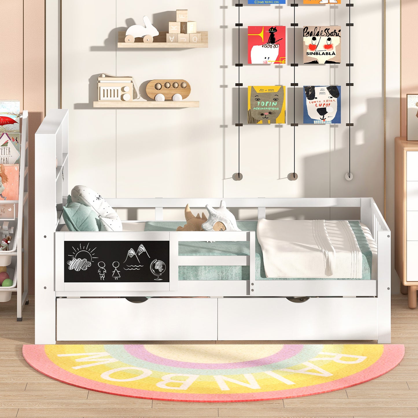 Twin/Full Size Bed Frame with 2 Drawers and Bookcase for Boys and Girls-Twin Size Kids Crystal