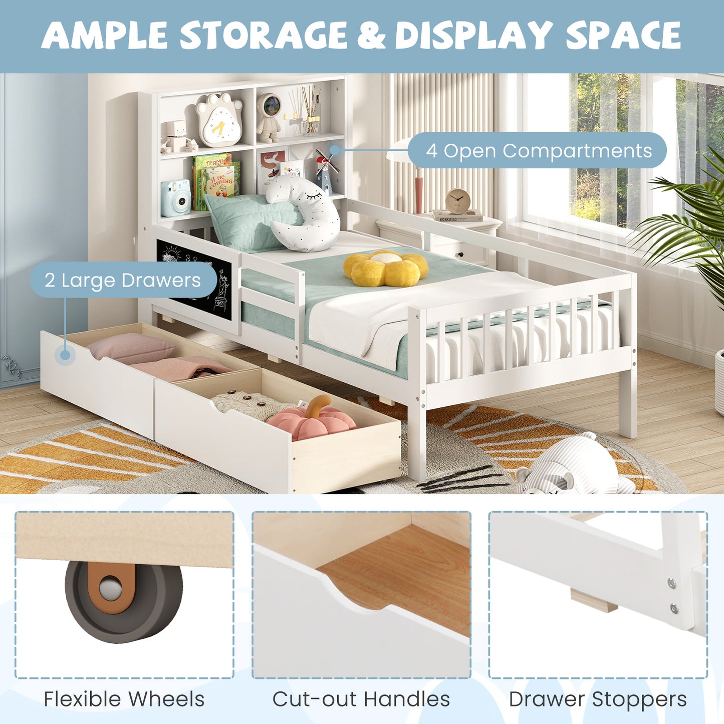 Twin/Full Size Bed Frame with 2 Drawers and Bookcase for Boys and Girls-Twin Size Kids Crystal