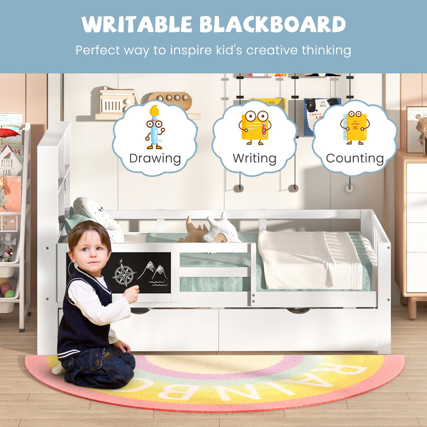 Twin/Full Size Bed Frame with 2 Drawers and Bookcase for Boys and Girls-Twin Size Kids Crystal