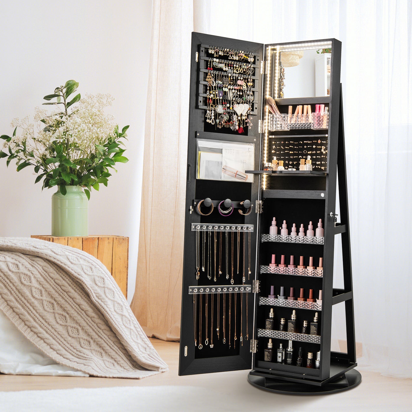 Standing Jewelry Cabinet with Adjustable LED Lights-Black Kids Crystal