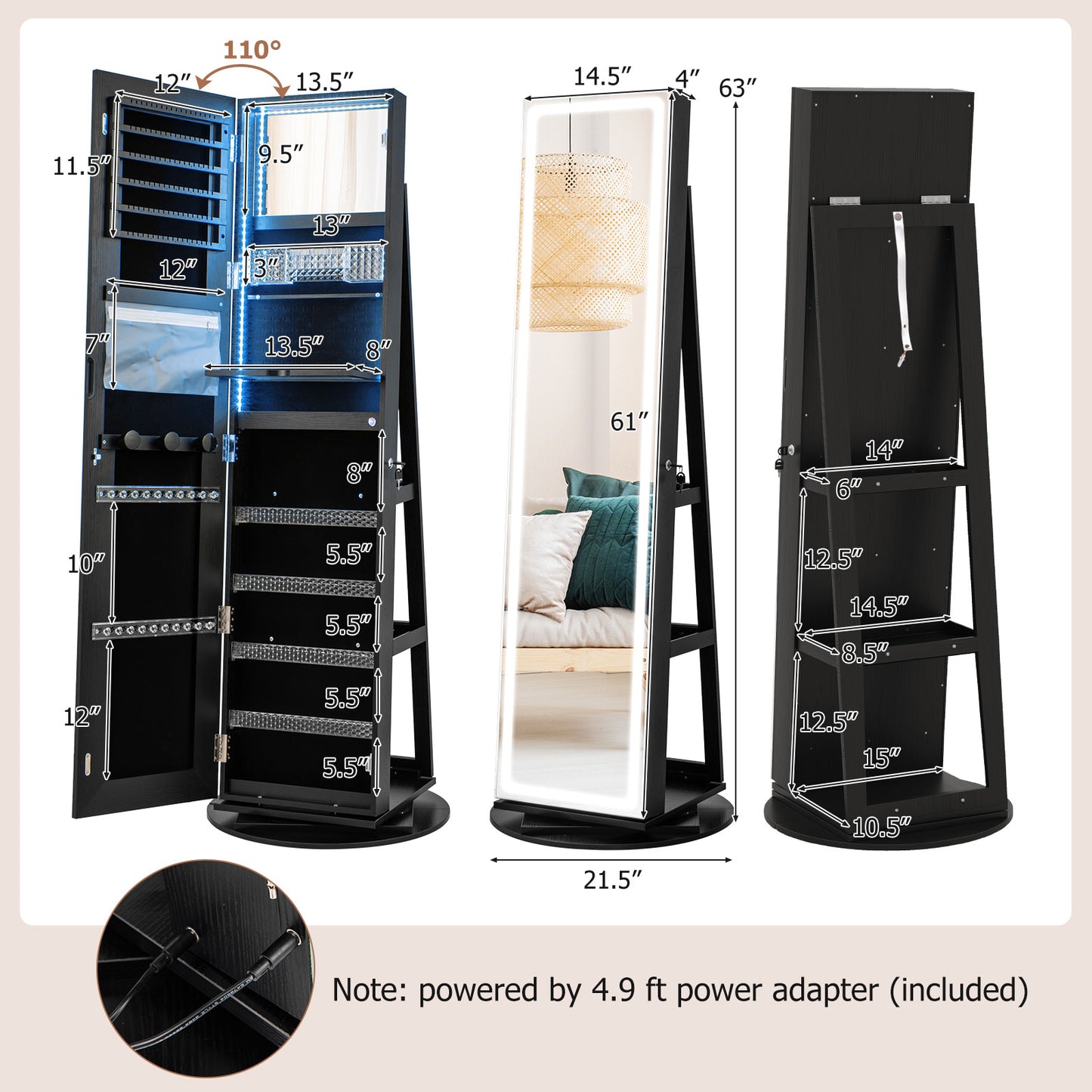 Standing Jewelry Cabinet with Adjustable LED Lights-Black Kids Crystal