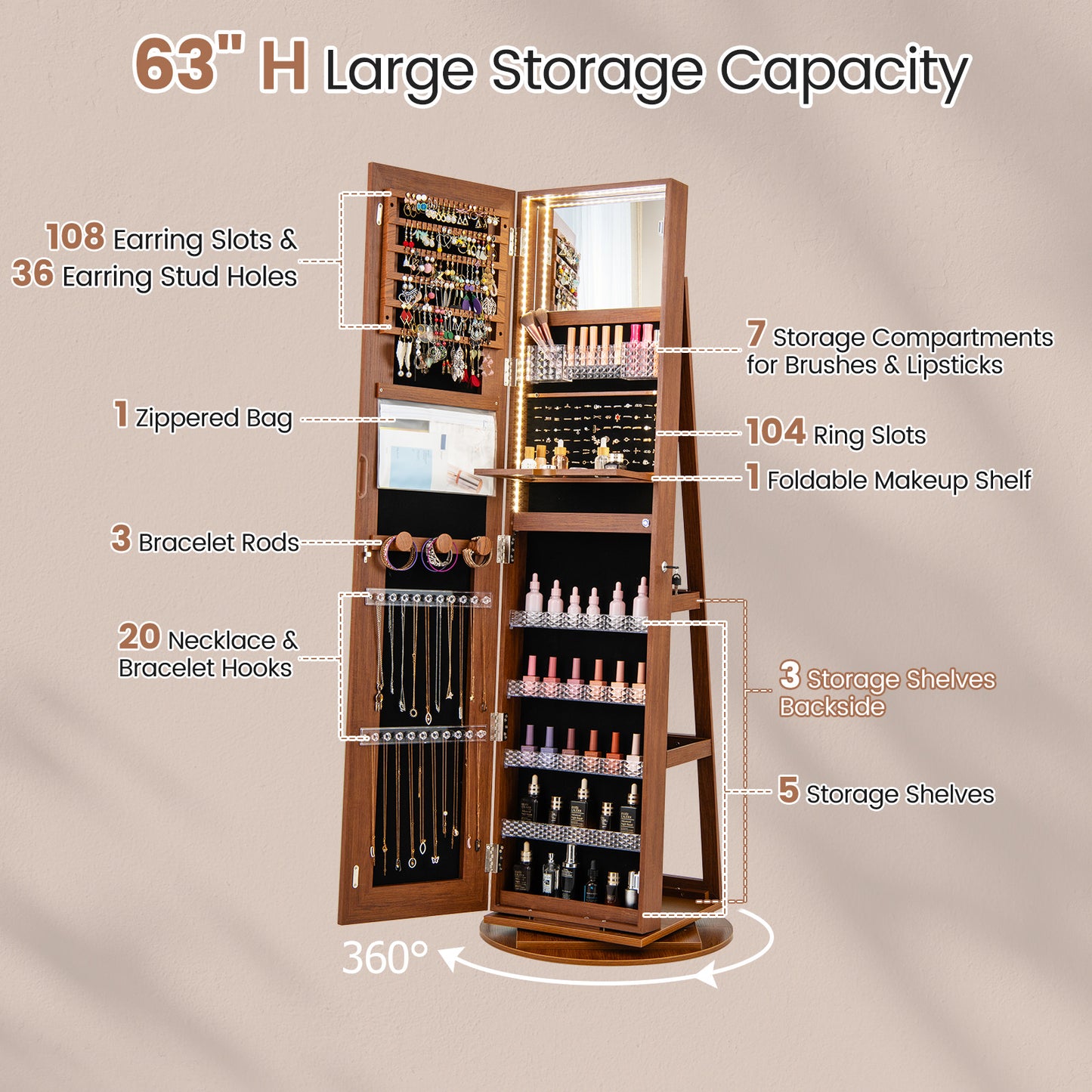 Standing Jewelry Cabinet with Adjustable LED Lights-Brown Kids Crystal