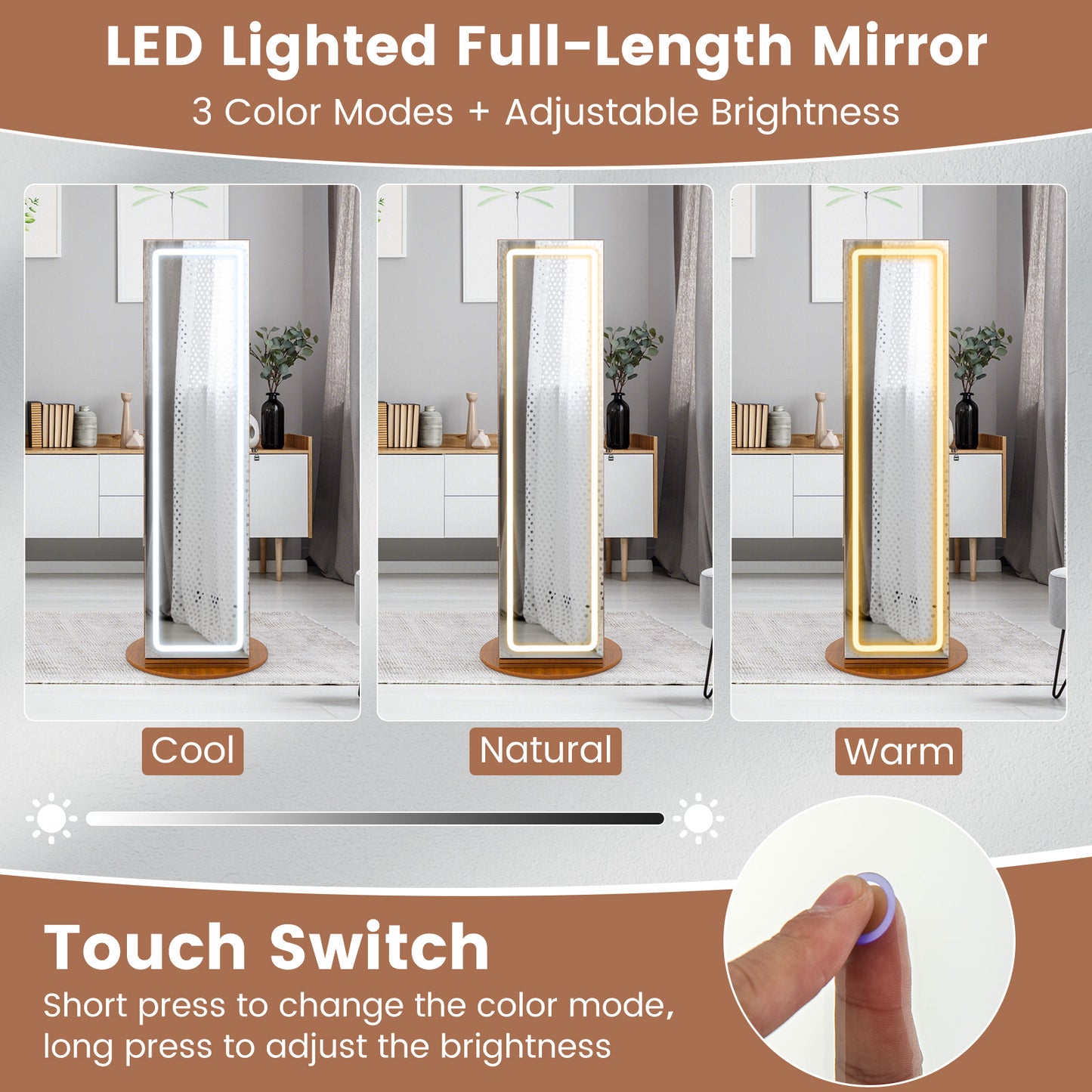 Standing Jewelry Cabinet with Adjustable LED Lights-Brown Kids Crystal