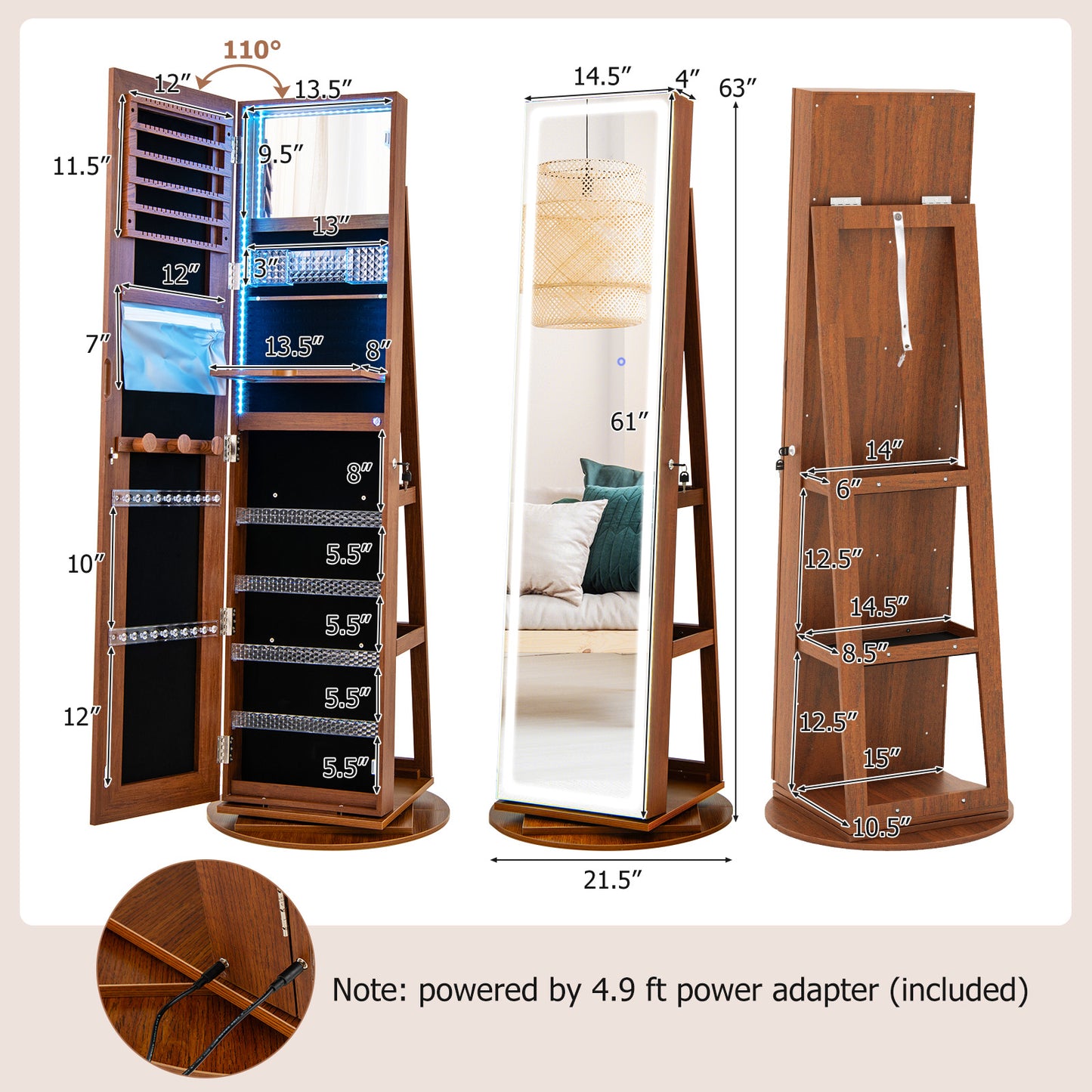 Standing Jewelry Cabinet with Adjustable LED Lights-Brown Kids Crystal