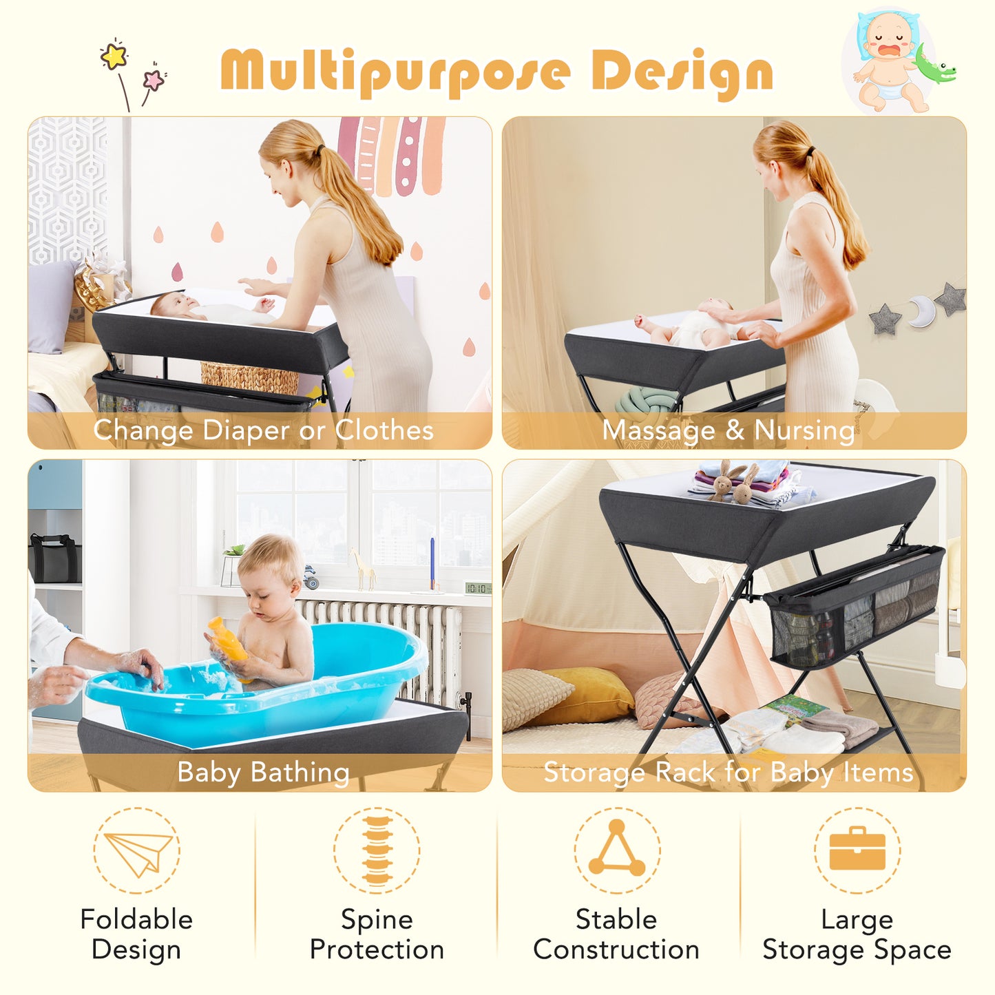 Baby Storage Folding Diaper Changing Table-Black Kids Crystal