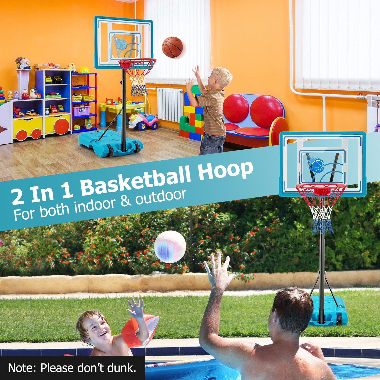 3.8-4.4 Feet Height Adjustable Pool Basketball Hoop for Kids Teens and Adults-Blue Kids Crystal