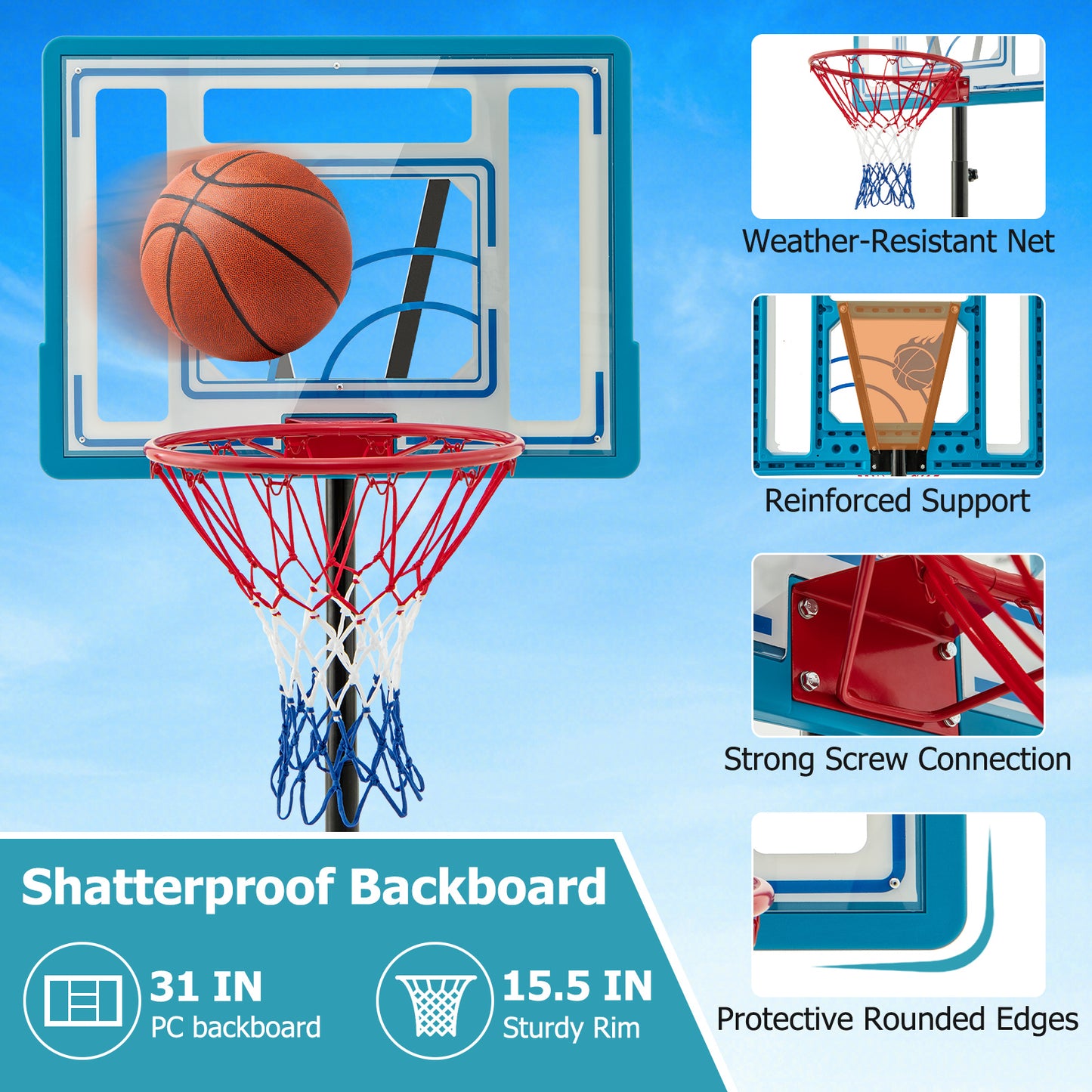 3.8-4.4 Feet Height Adjustable Pool Basketball Hoop for Kids Teens and Adults-Blue Kids Crystal