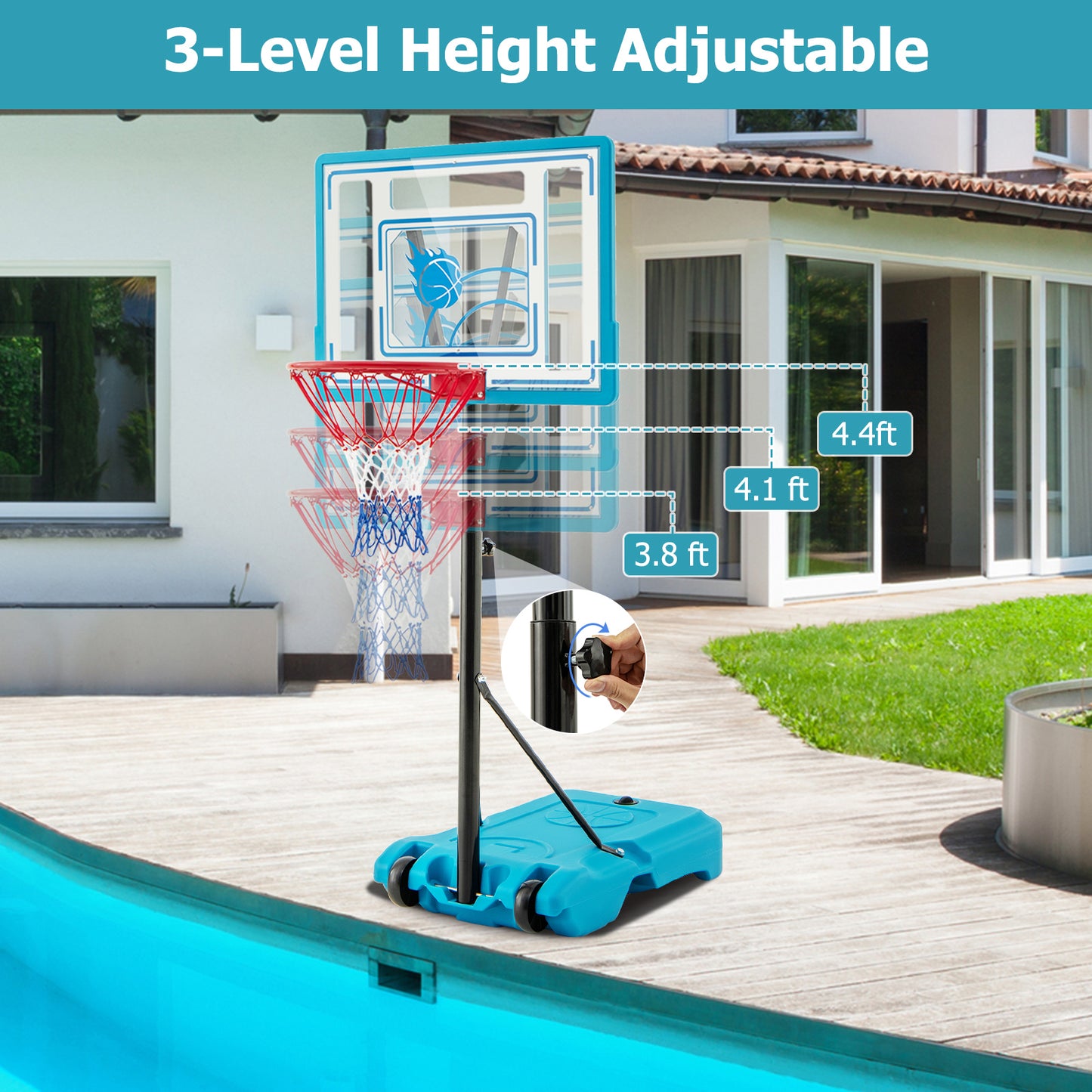 3.8-4.4 Feet Height Adjustable Pool Basketball Hoop for Kids Teens and Adults-Blue Kids Crystal