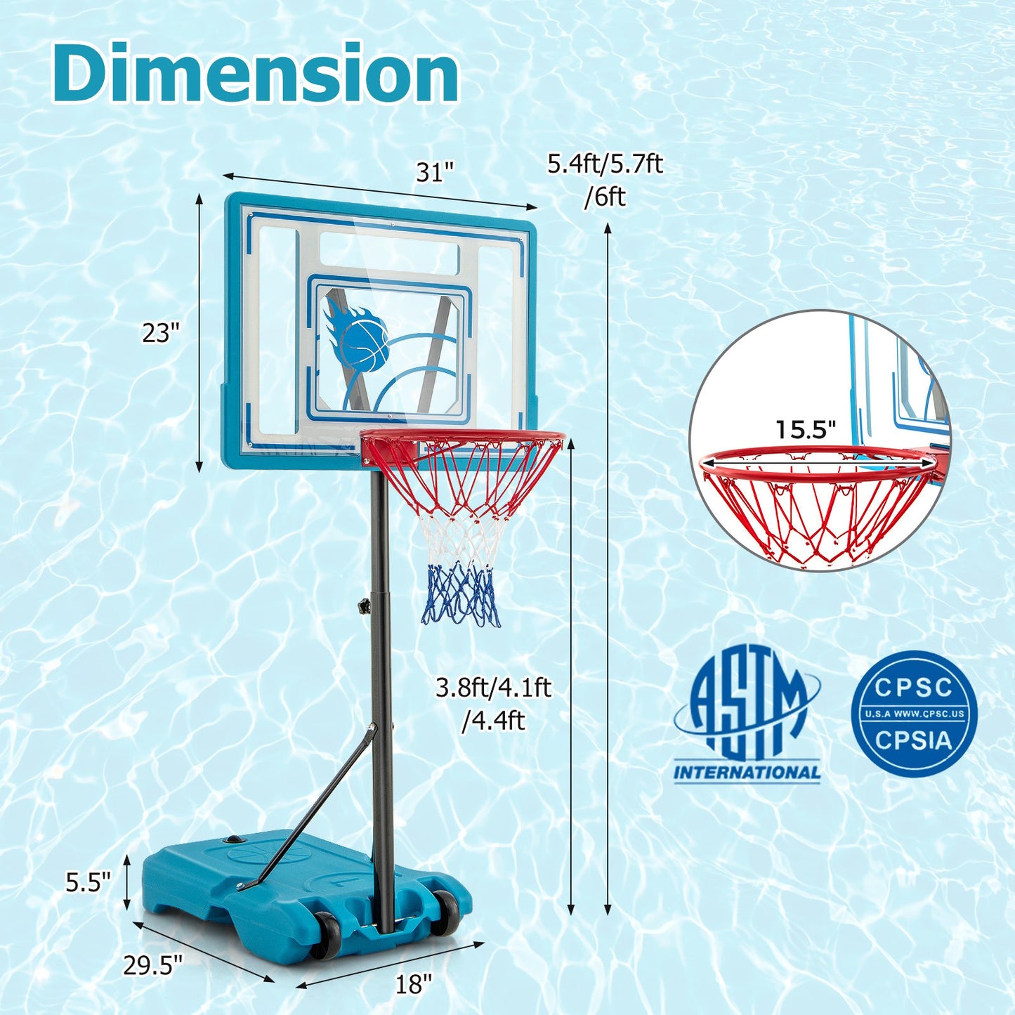 3.8-4.4 Feet Height Adjustable Pool Basketball Hoop for Kids Teens and Adults-Blue Kids Crystal