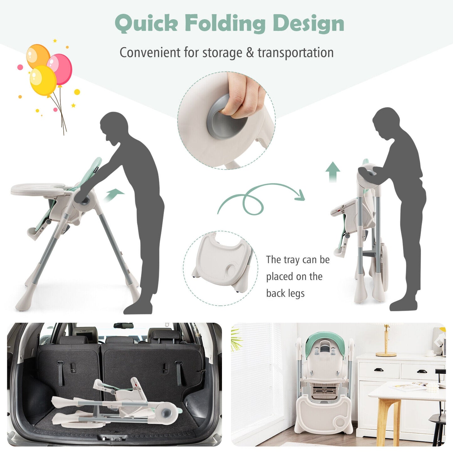Baby Folding High Chair Dining Chair with Adjustable Height and Footrest-Green Kids Crystal