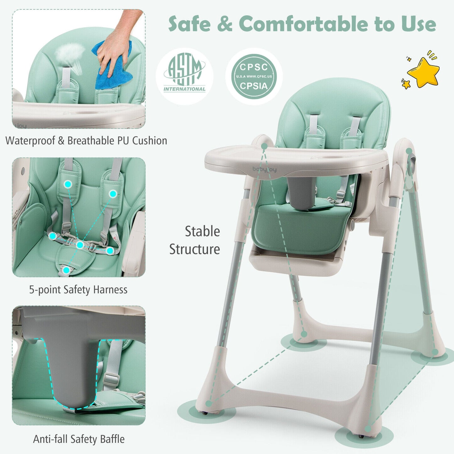 Baby Folding High Chair Dining Chair with Adjustable Height and Footrest-Green Kids Crystal