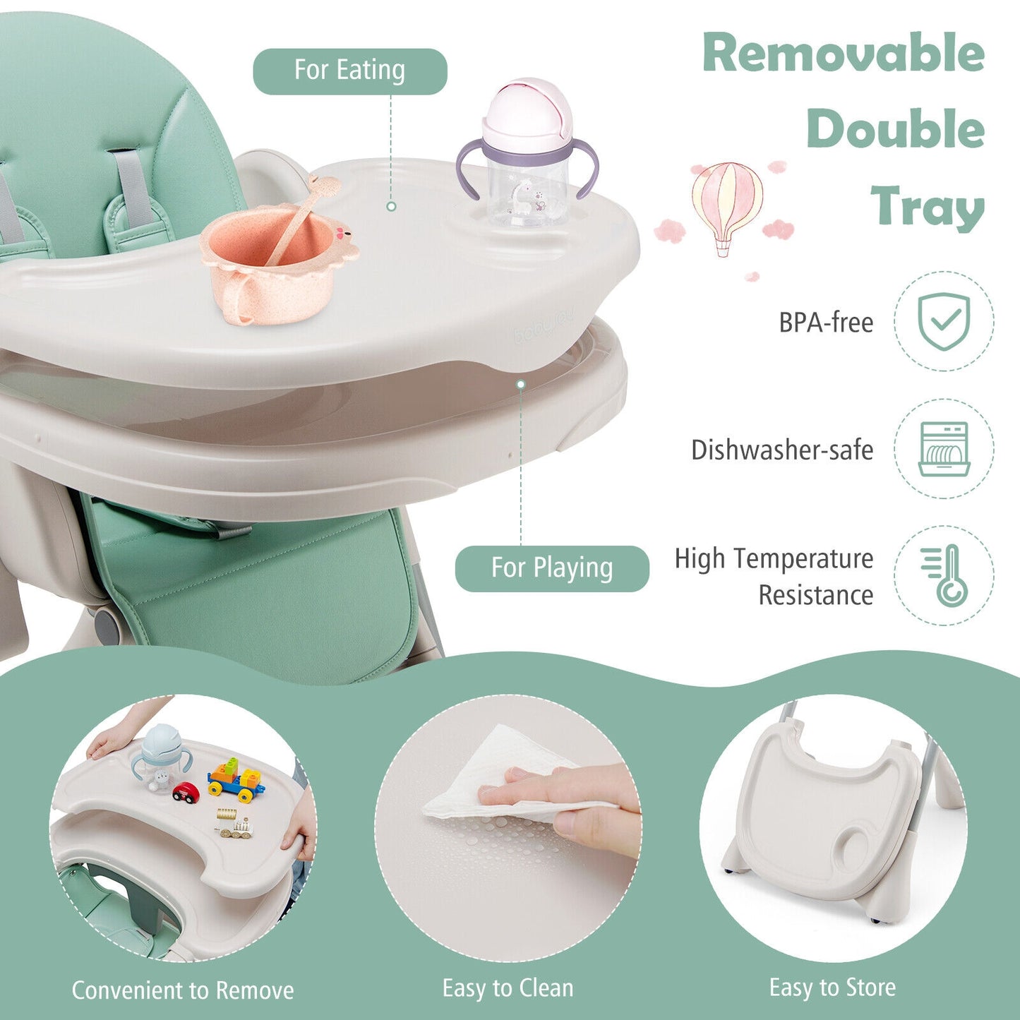 Baby Folding High Chair Dining Chair with Adjustable Height and Footrest-Green Kids Crystal