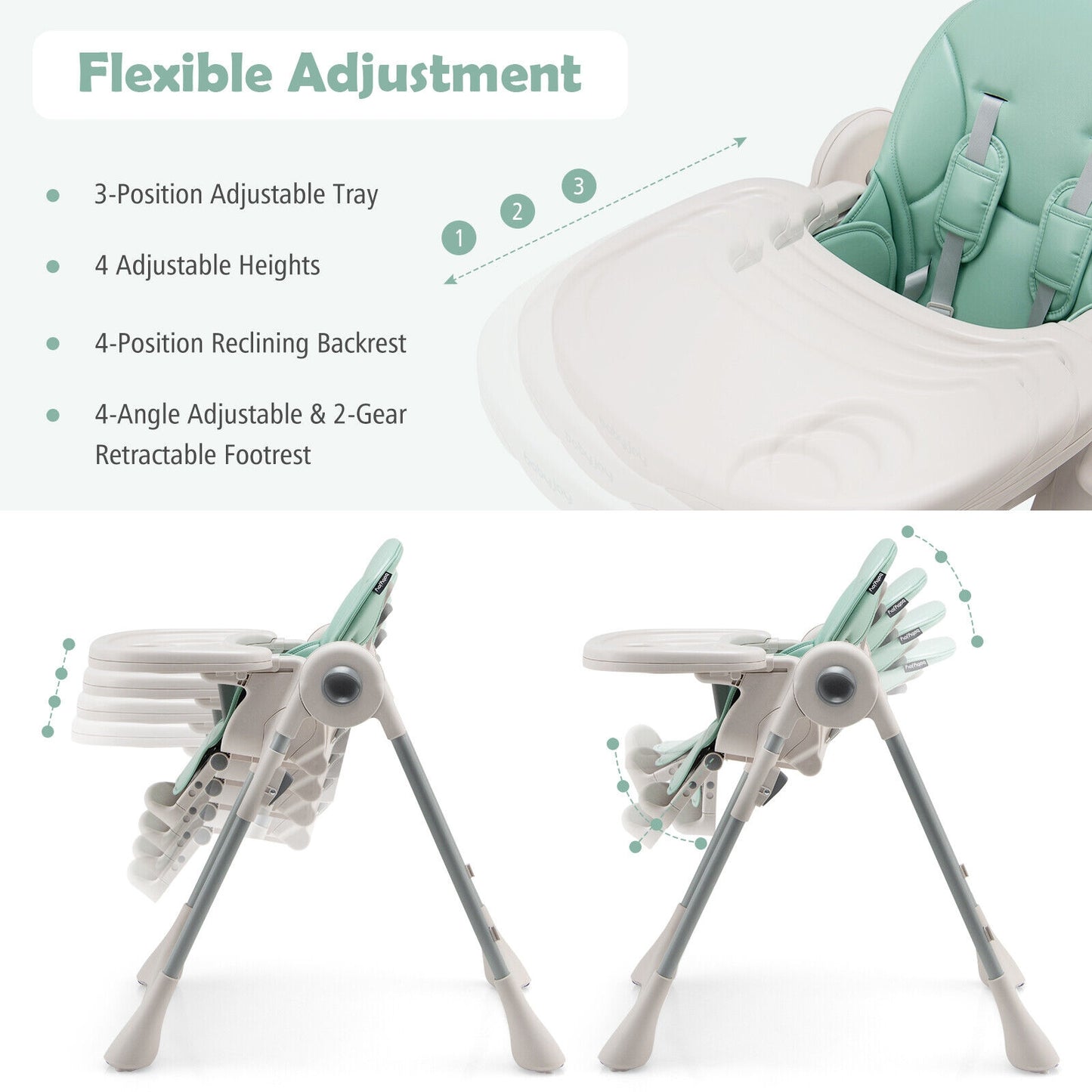 Baby Folding High Chair Dining Chair with Adjustable Height and Footrest-Green Kids Crystal