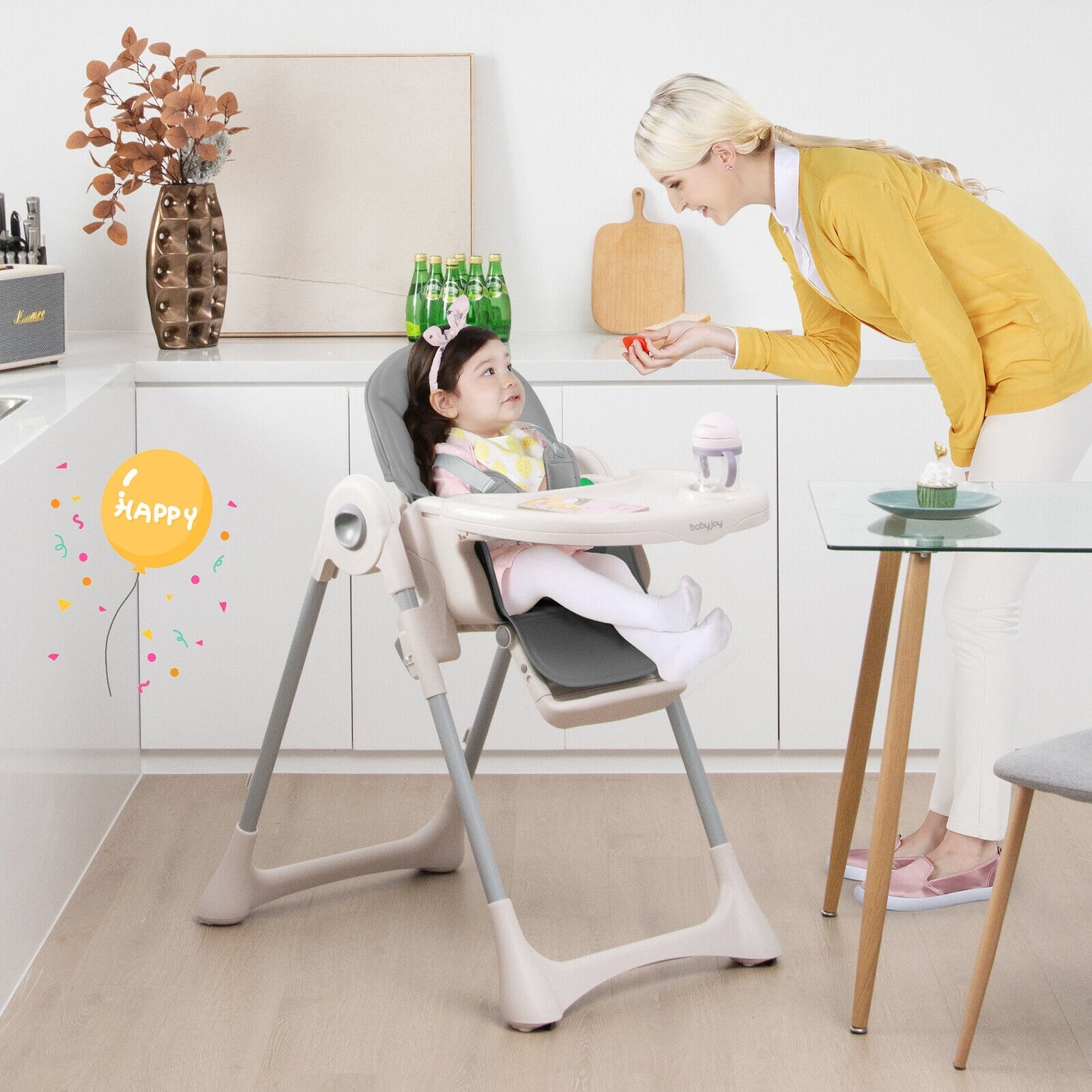 Baby Folding High Chair Dining Chair with Adjustable Height and Footrest-Gray Kids Crystal