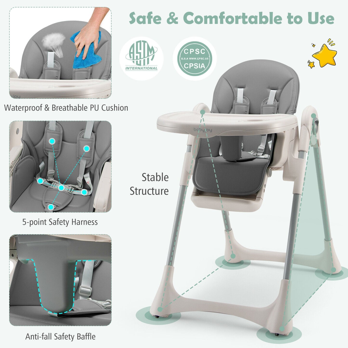 Baby Folding High Chair Dining Chair with Adjustable Height and Footrest-Gray Kids Crystal