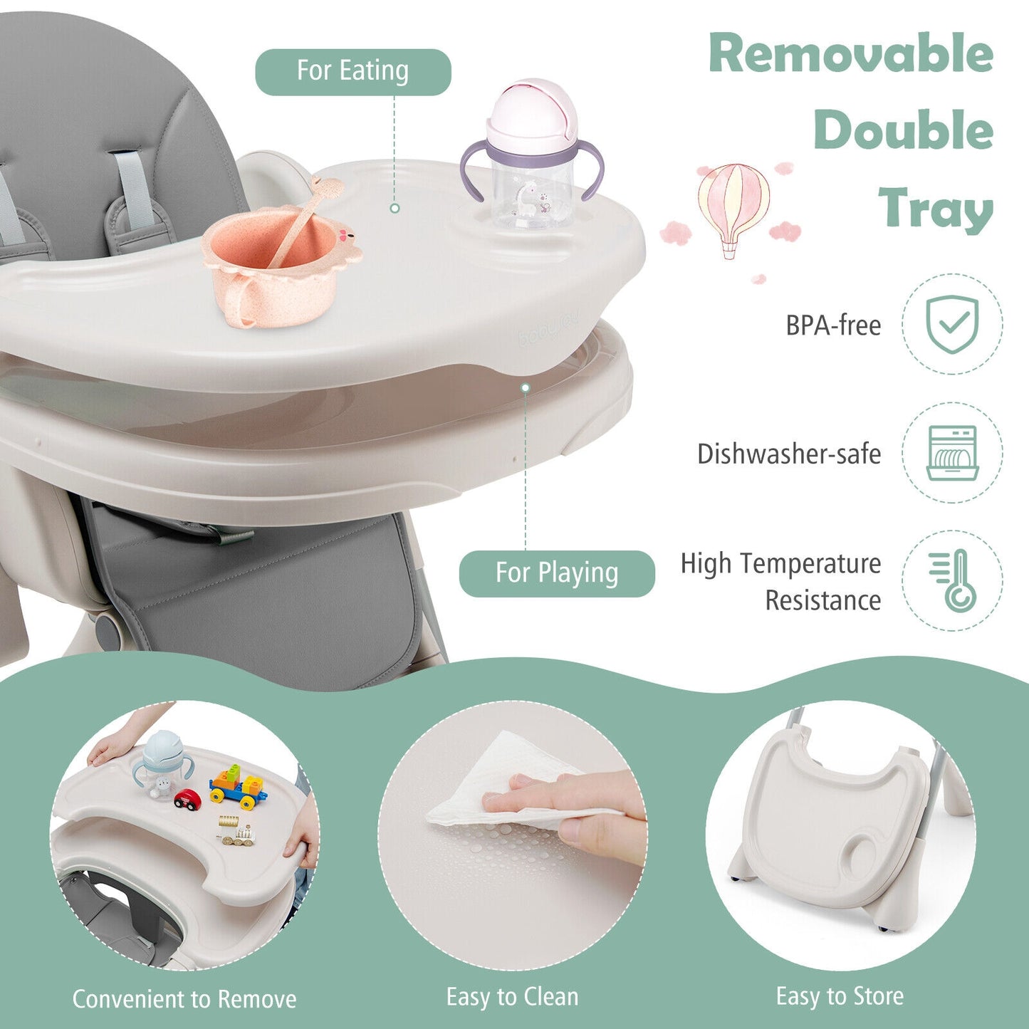 Baby Folding High Chair Dining Chair with Adjustable Height and Footrest-Gray Kids Crystal