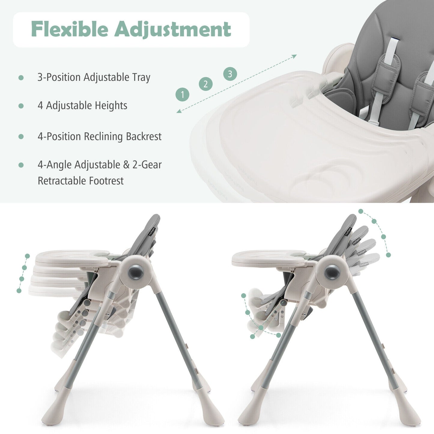 Baby Folding High Chair Dining Chair with Adjustable Height and Footrest-Gray Kids Crystal