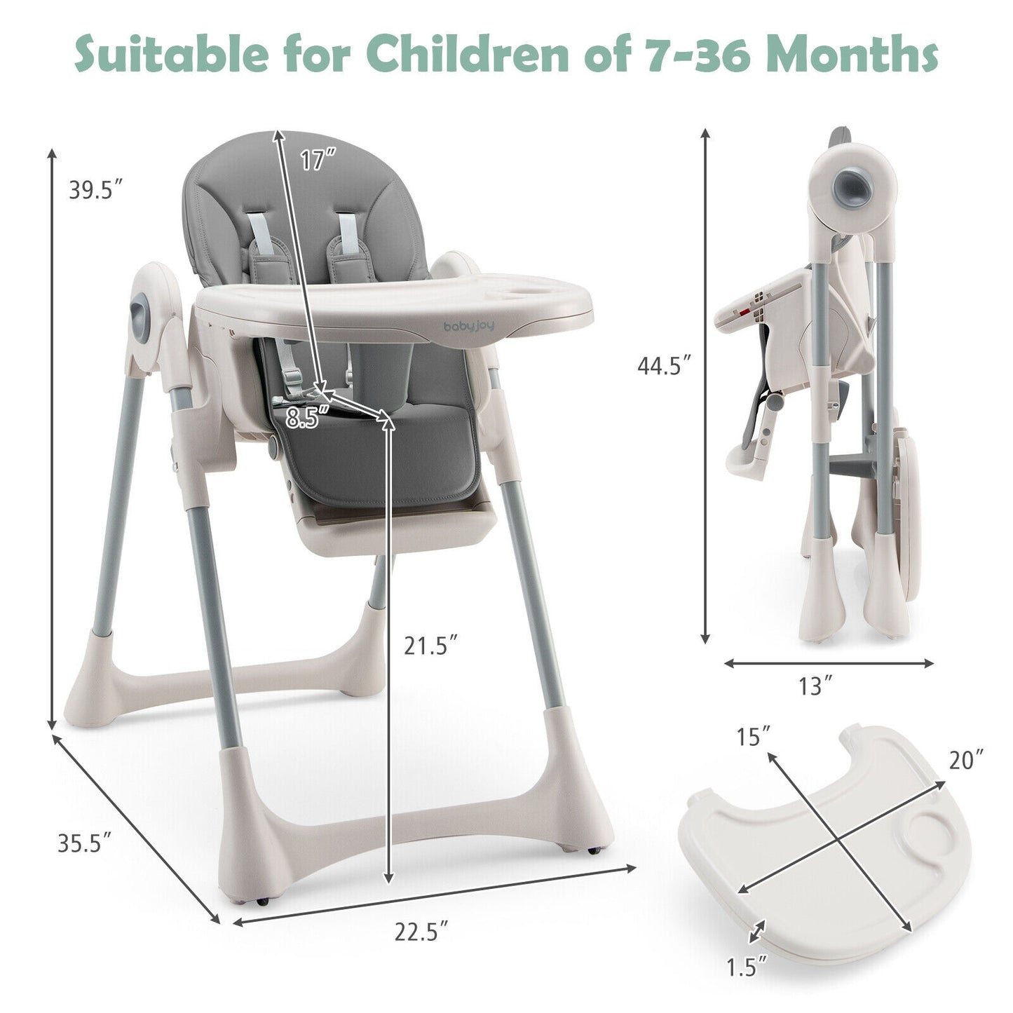 Baby Folding High Chair Dining Chair with Adjustable Height and Footrest-Gray Kids Crystal