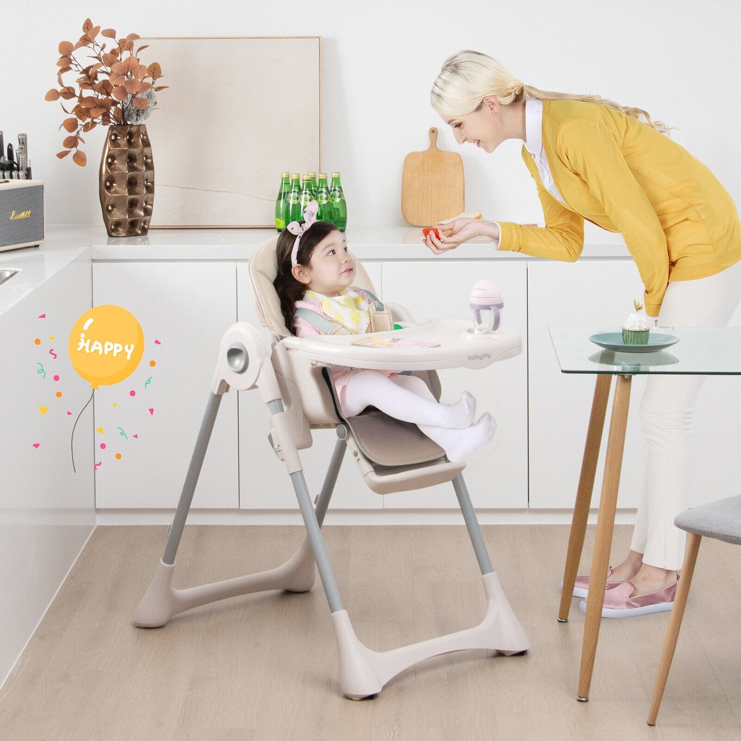 Baby Folding High Chair Dining Chair with Adjustable Height and Footrest-Beige Kids Crystal