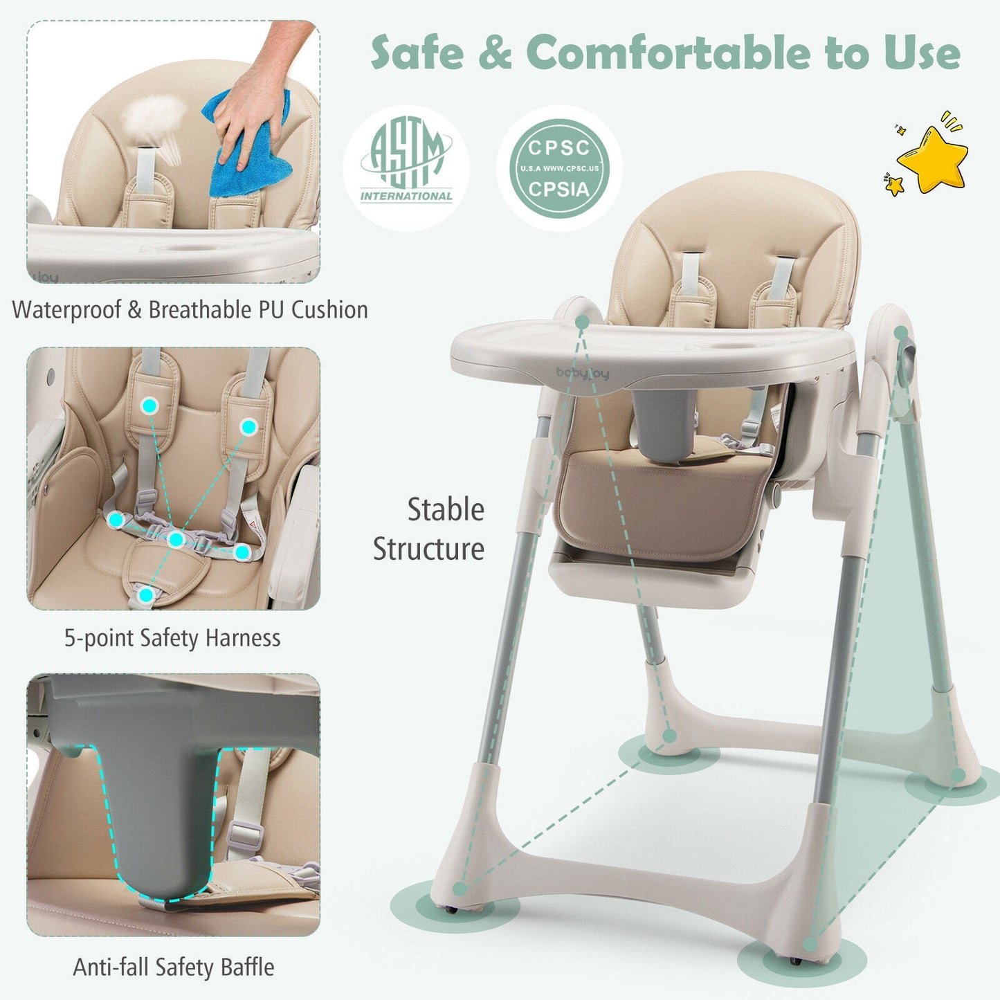 Baby Folding High Chair Dining Chair with Adjustable Height and Footrest-Beige Kids Crystal