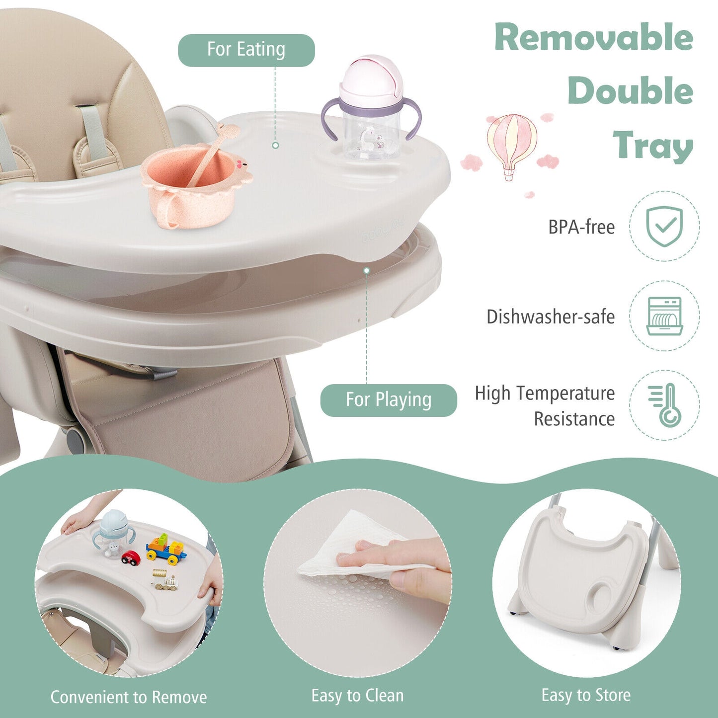 Baby Folding High Chair Dining Chair with Adjustable Height and Footrest-Beige Kids Crystal