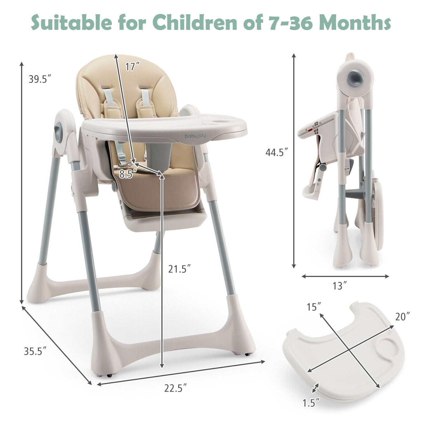 Baby Folding High Chair Dining Chair with Adjustable Height and Footrest-Beige Kids Crystal