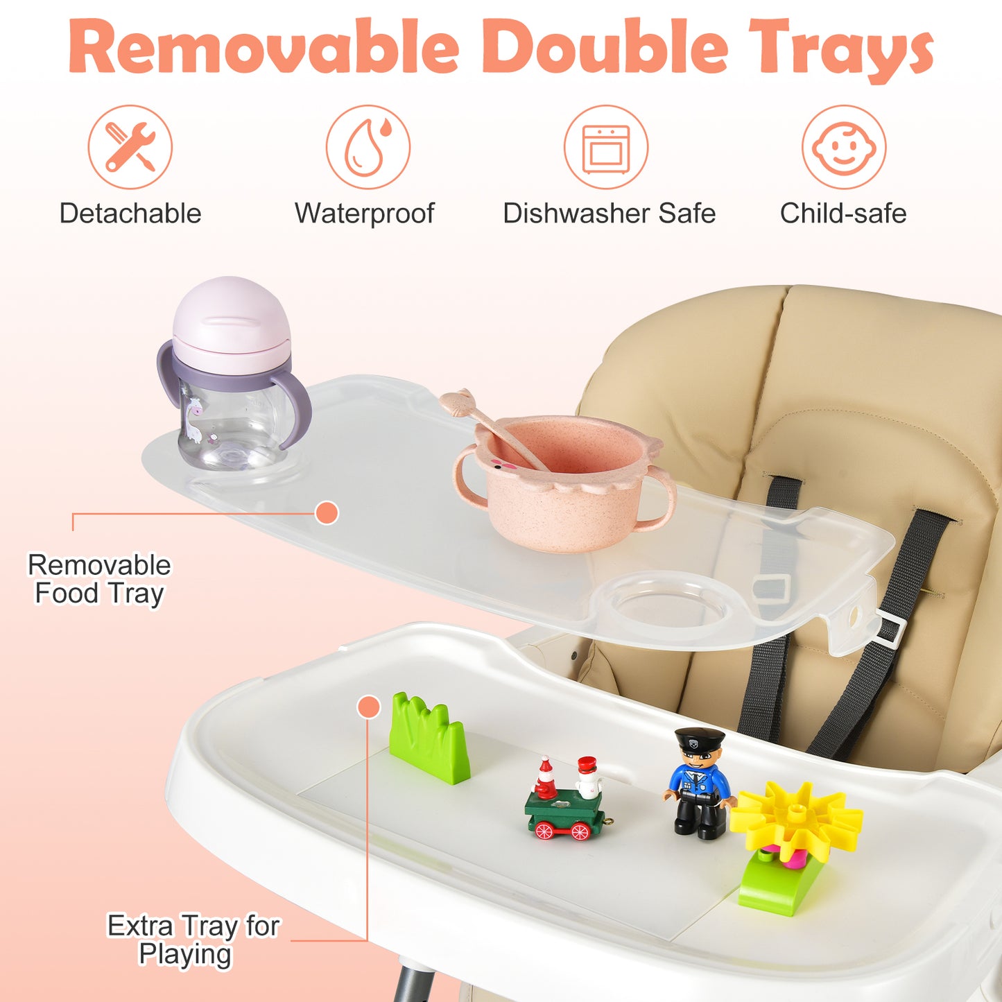 Foldable Baby High Chair with Double Removable Trays and Book Holder-Beige Kids Crystal