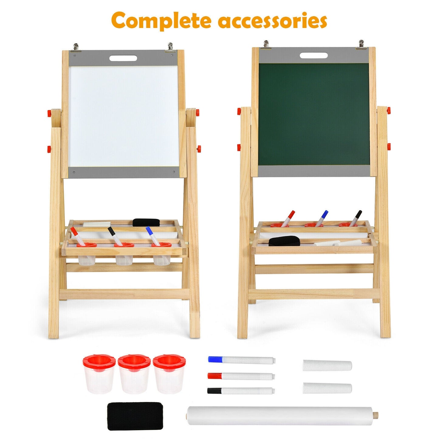 Kids Art Easel with Paper Roll Double Sided Chalkboard and Whiteboard-Gray Kids Crystal