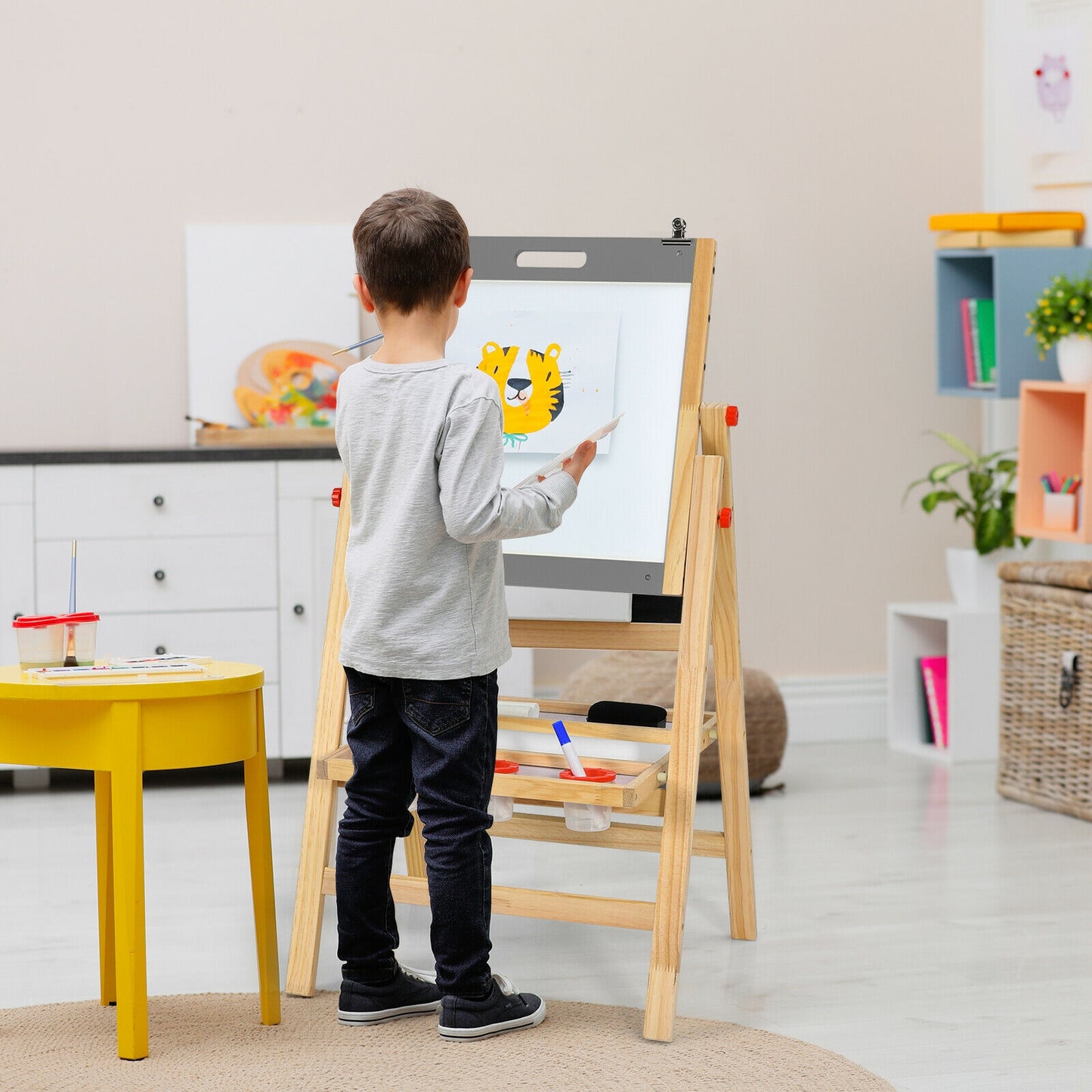 Kids Art Easel with Paper Roll Double Sided Chalkboard and Whiteboard-Gray Kids Crystal