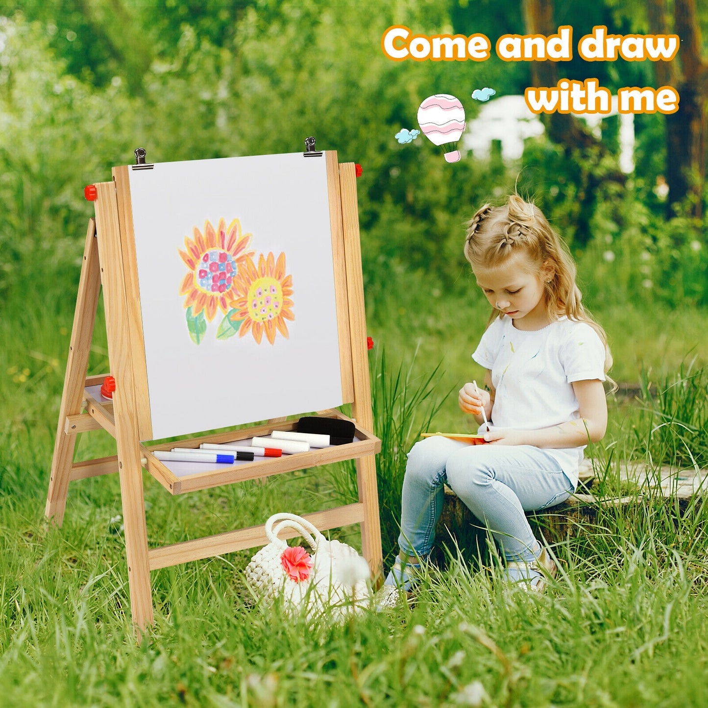 Kids Art Easel with Paper Roll Double Sided Chalkboard and Whiteboard-Gray Kids Crystal