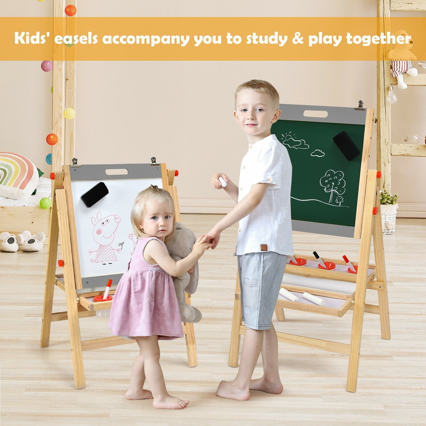 Kids Art Easel with Paper Roll Double Sided Chalkboard and Whiteboard-Gray Kids Crystal