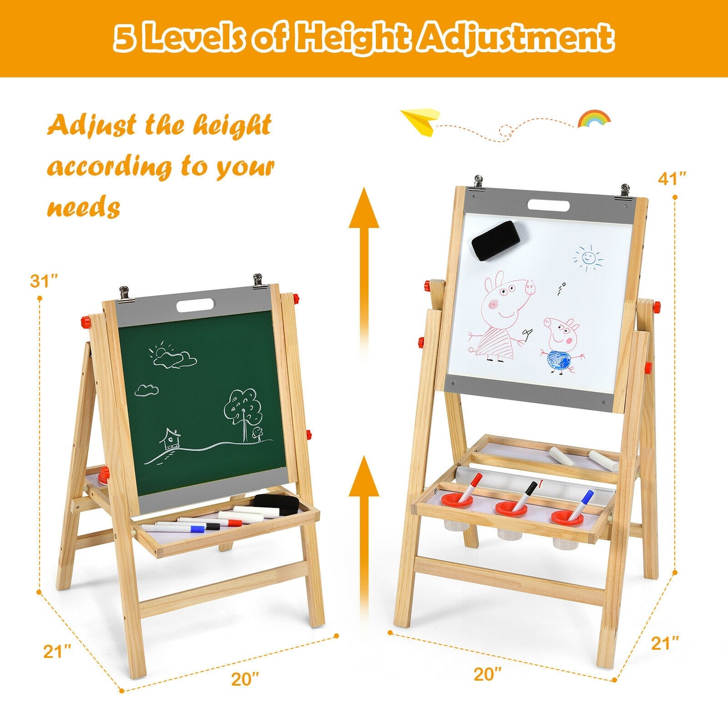 Kids Art Easel with Paper Roll Double Sided Chalkboard and Whiteboard-Gray Kids Crystal