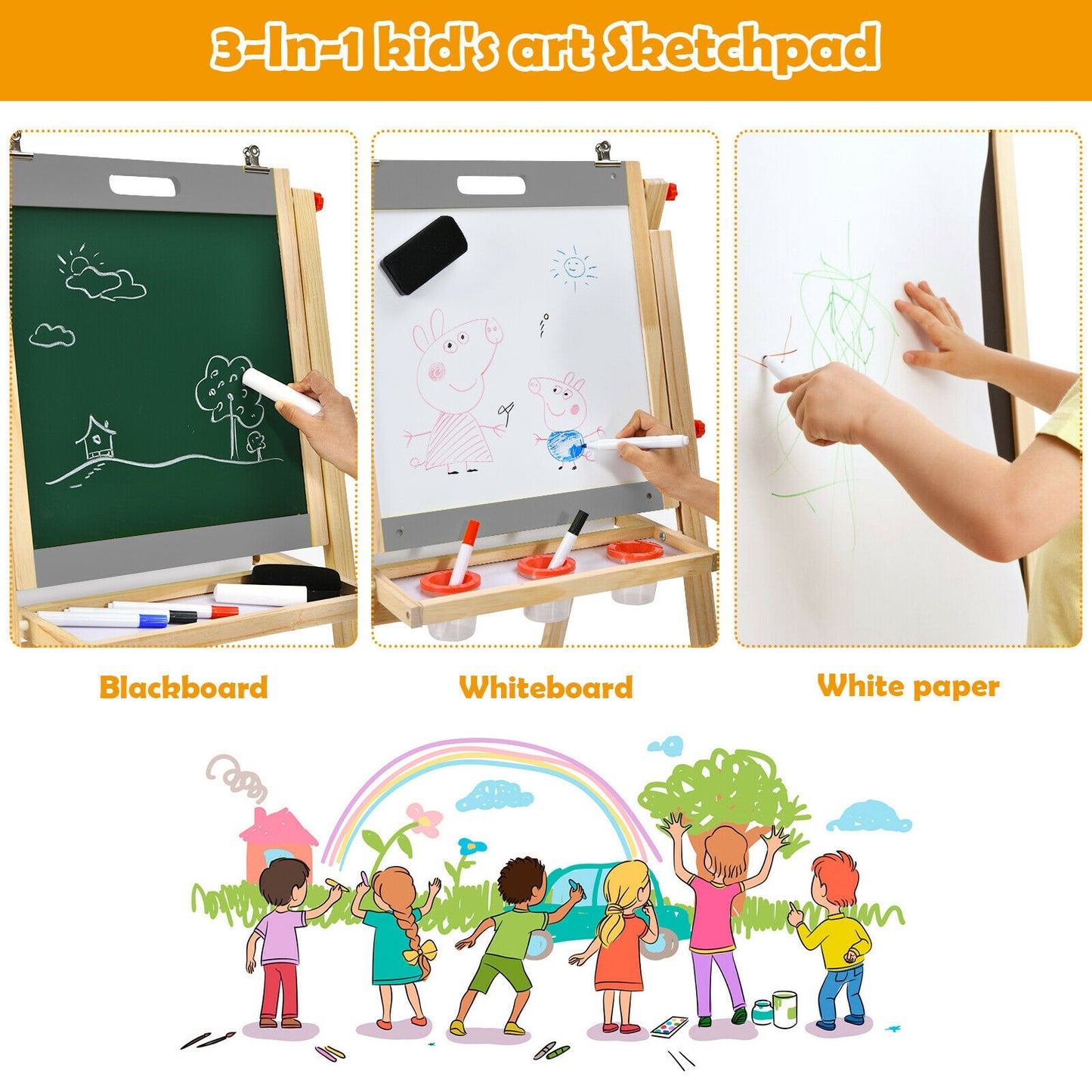 Kids Art Easel with Paper Roll Double Sided Chalkboard and Whiteboard-Gray Kids Crystal