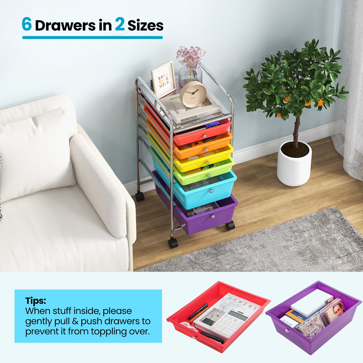 6 Drawers Rolling Storage Cart Organizer-Multicolor Kids Crystal