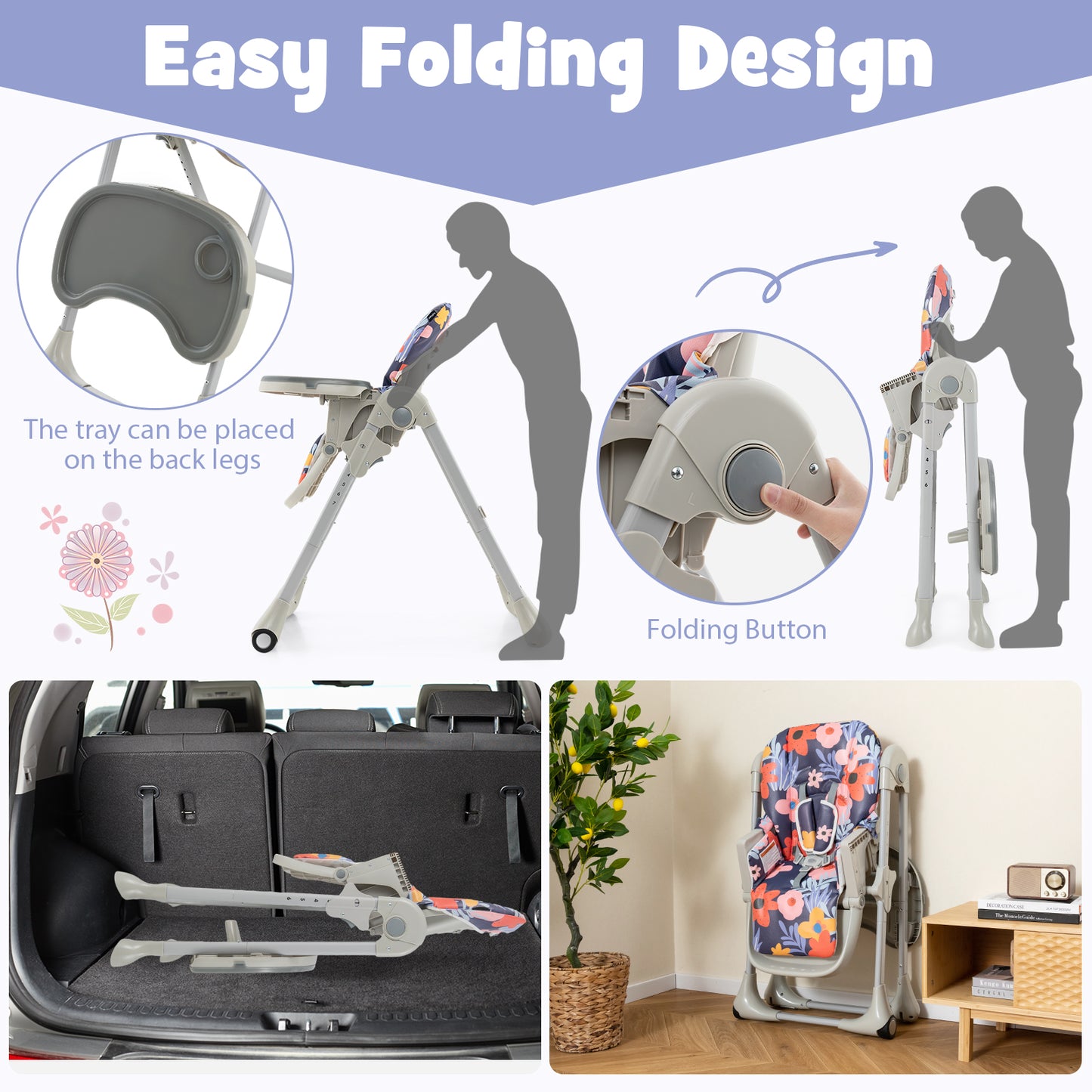 3-In-1 Convertible Baby High Chair for Toddlers-Purple Kids Crystal