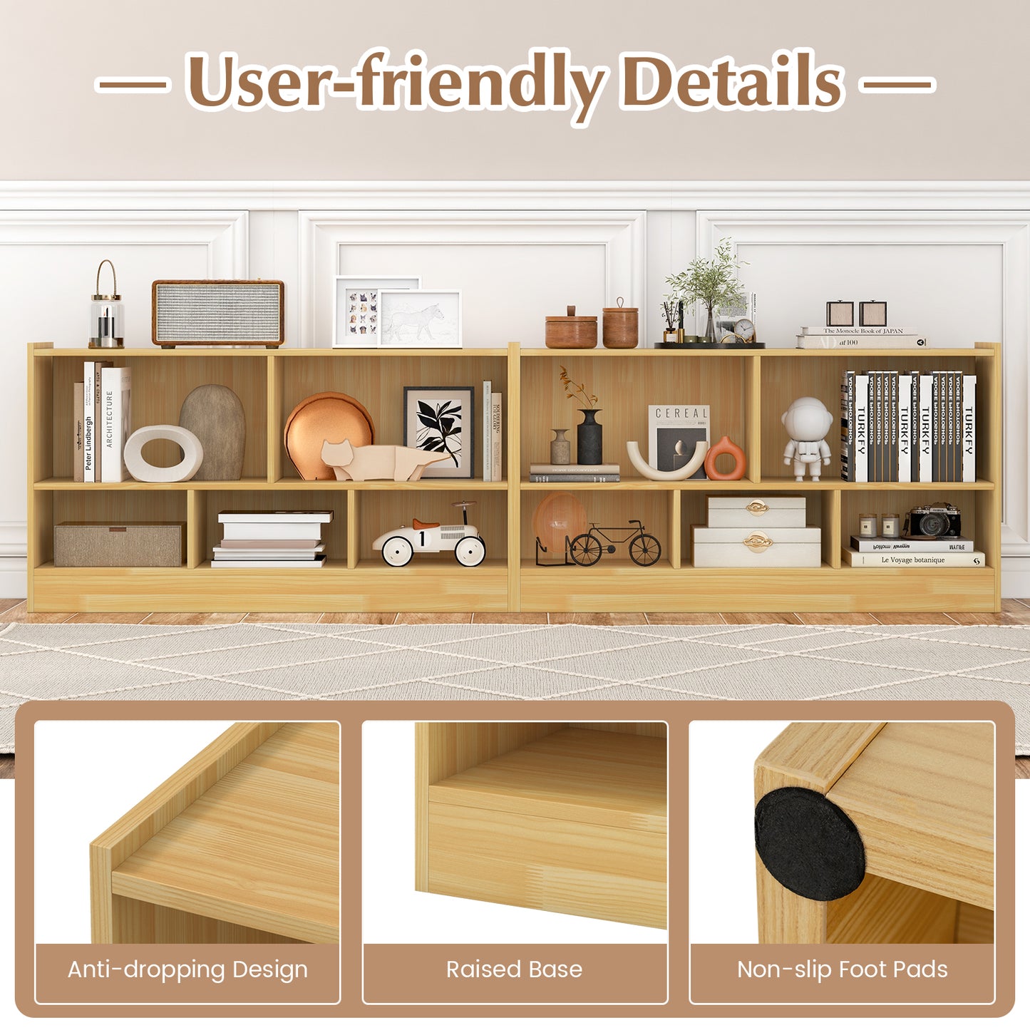 Kids 2-Shelf Bookcase 5-Cube Wood Toy Storage Cabinet Organizer-Beige Kids Crystal