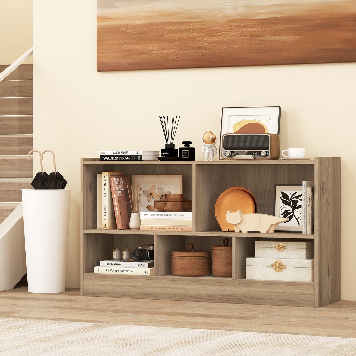 Kids 2-Shelf Bookcase 5-Cube Wood Toy Storage Cabinet Organizer-Natural Kids Crystal