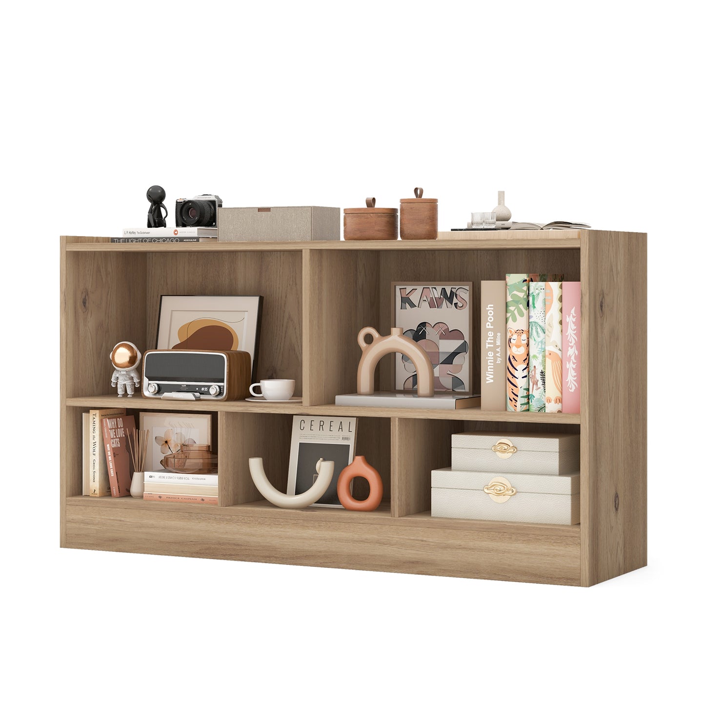 Kids 2-Shelf Bookcase 5-Cube Wood Toy Storage Cabinet Organizer-Natural Kids Crystal