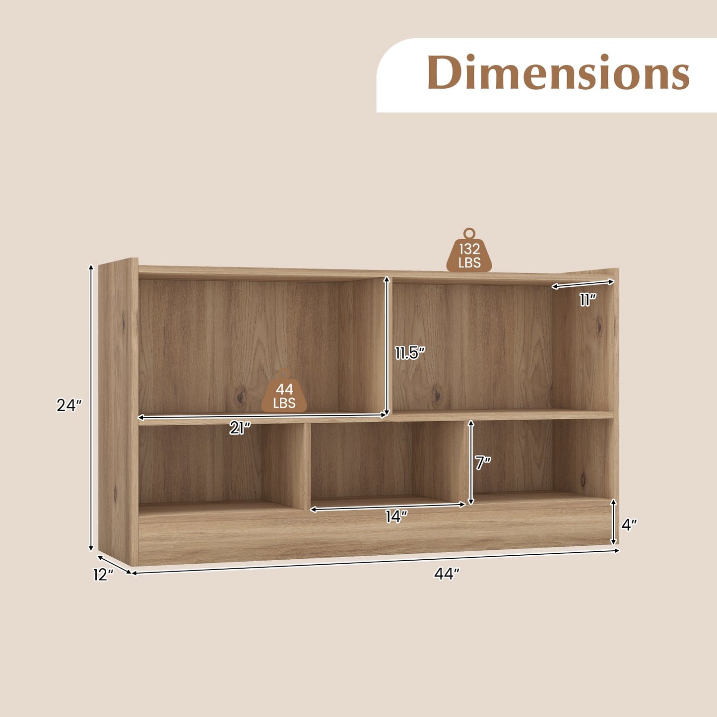 Kids 2-Shelf Bookcase 5-Cube Wood Toy Storage Cabinet Organizer-Natural Kids Crystal