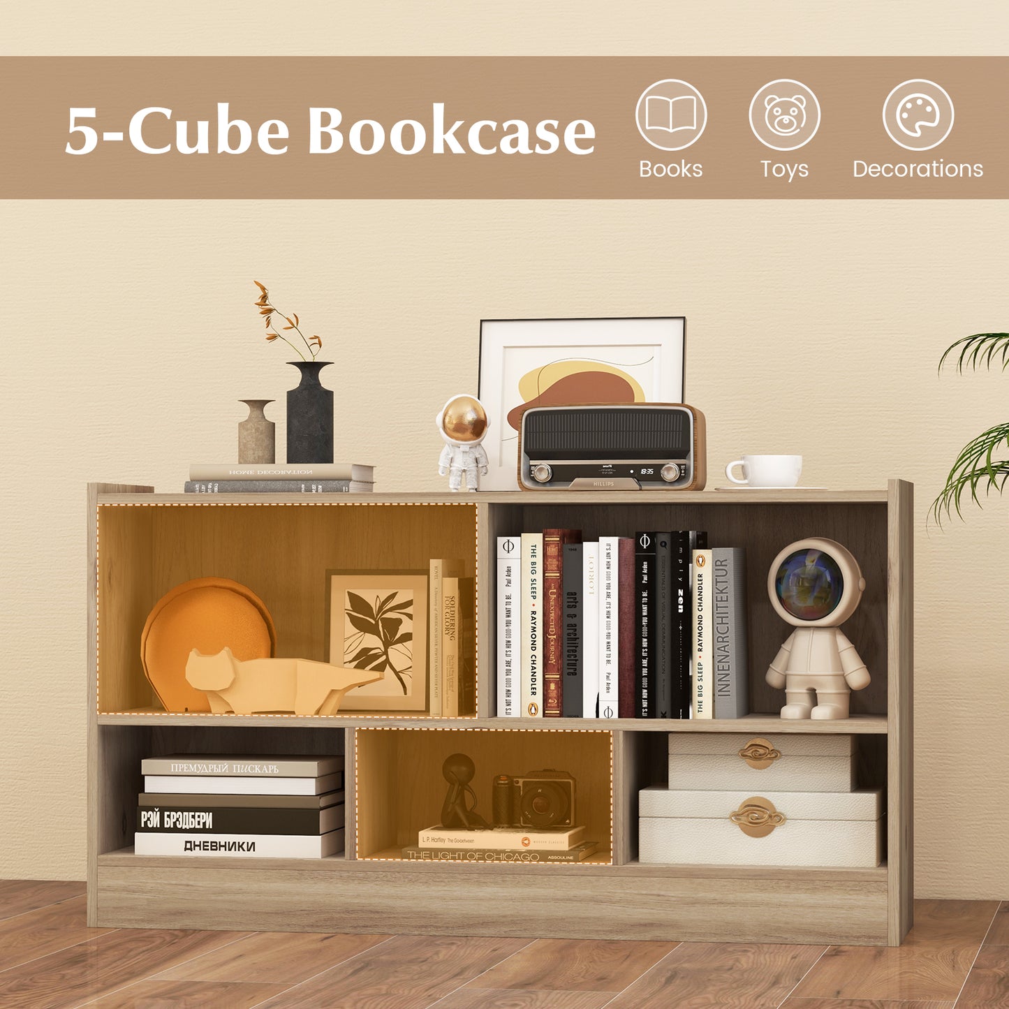 Kids 2-Shelf Bookcase 5-Cube Wood Toy Storage Cabinet Organizer-Natural Kids Crystal