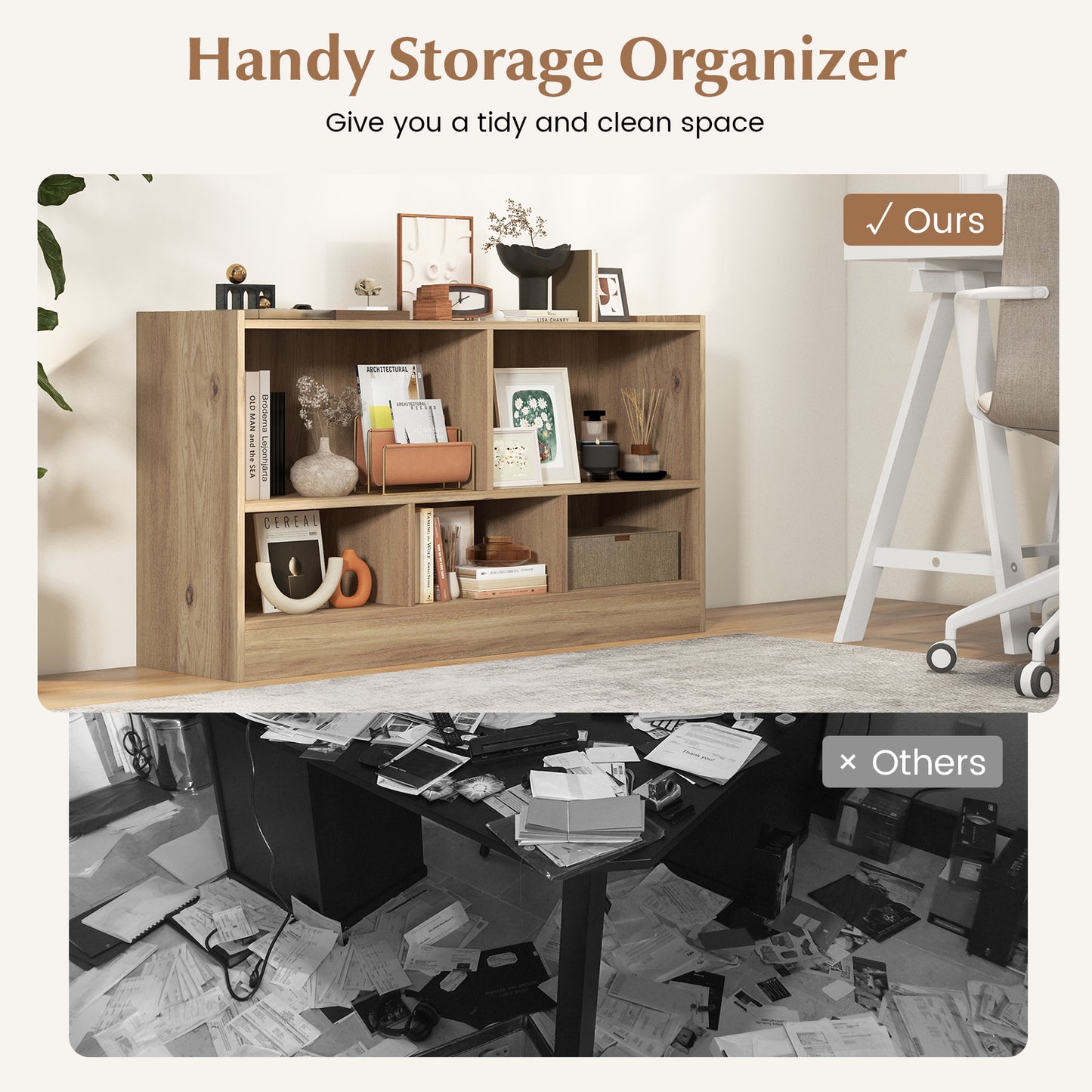 Kids 2-Shelf Bookcase 5-Cube Wood Toy Storage Cabinet Organizer-Natural Kids Crystal