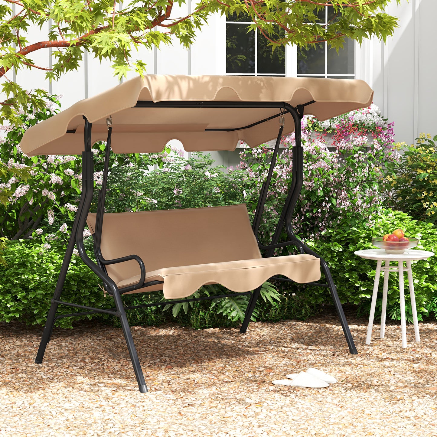 3 Seat Outdoor Patio Canopy Swing with Cushioned Steel Frame-Beige Kids Crystal