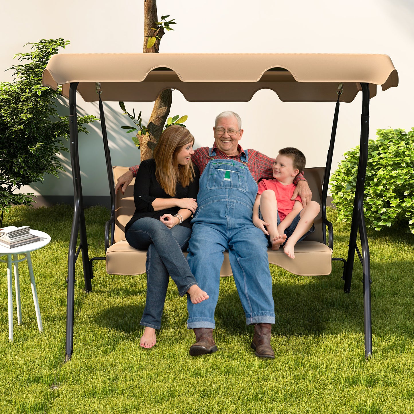 3 Seat Outdoor Patio Canopy Swing with Cushioned Steel Frame-Beige Kids Crystal