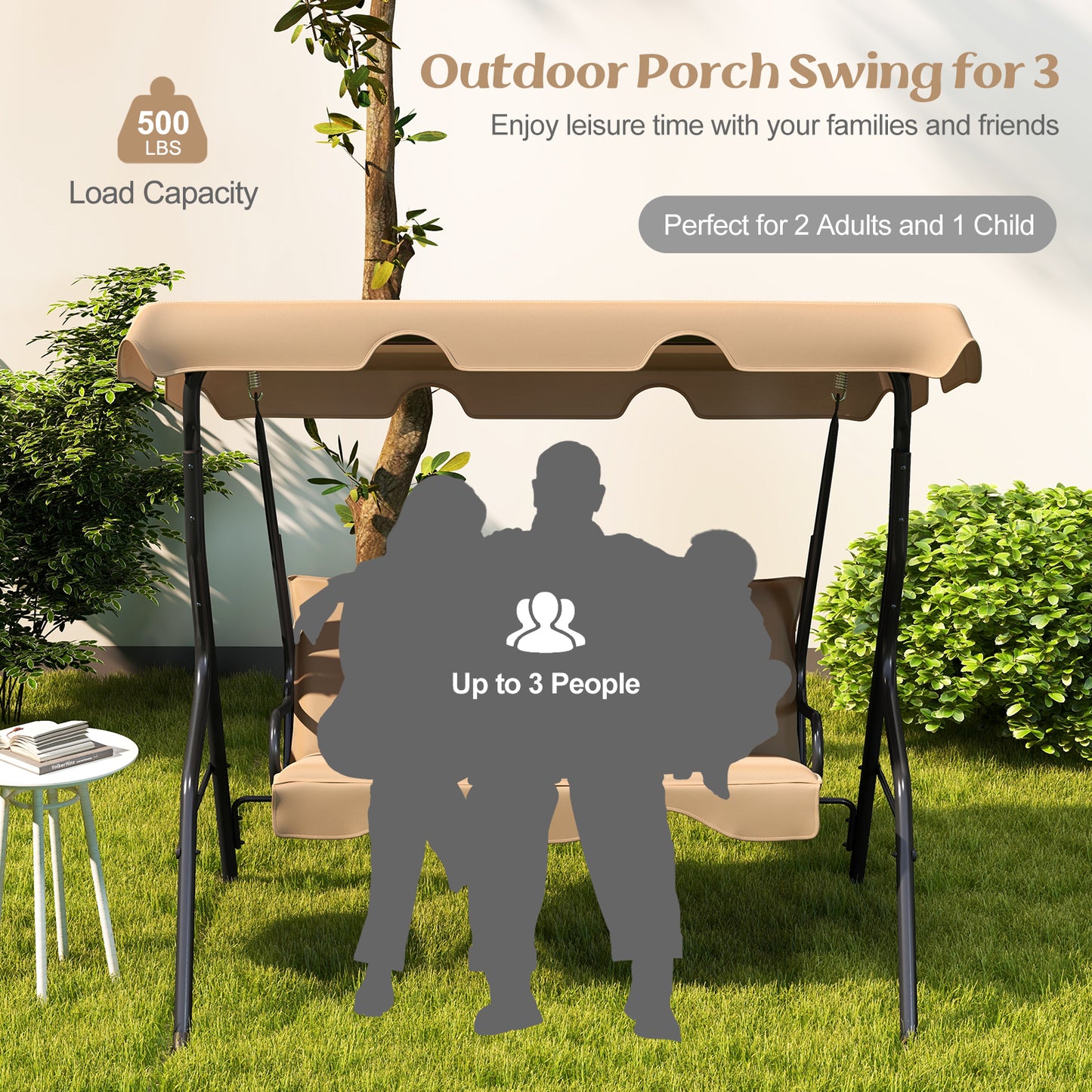 3 Seat Outdoor Patio Canopy Swing with Cushioned Steel Frame-Beige Kids Crystal