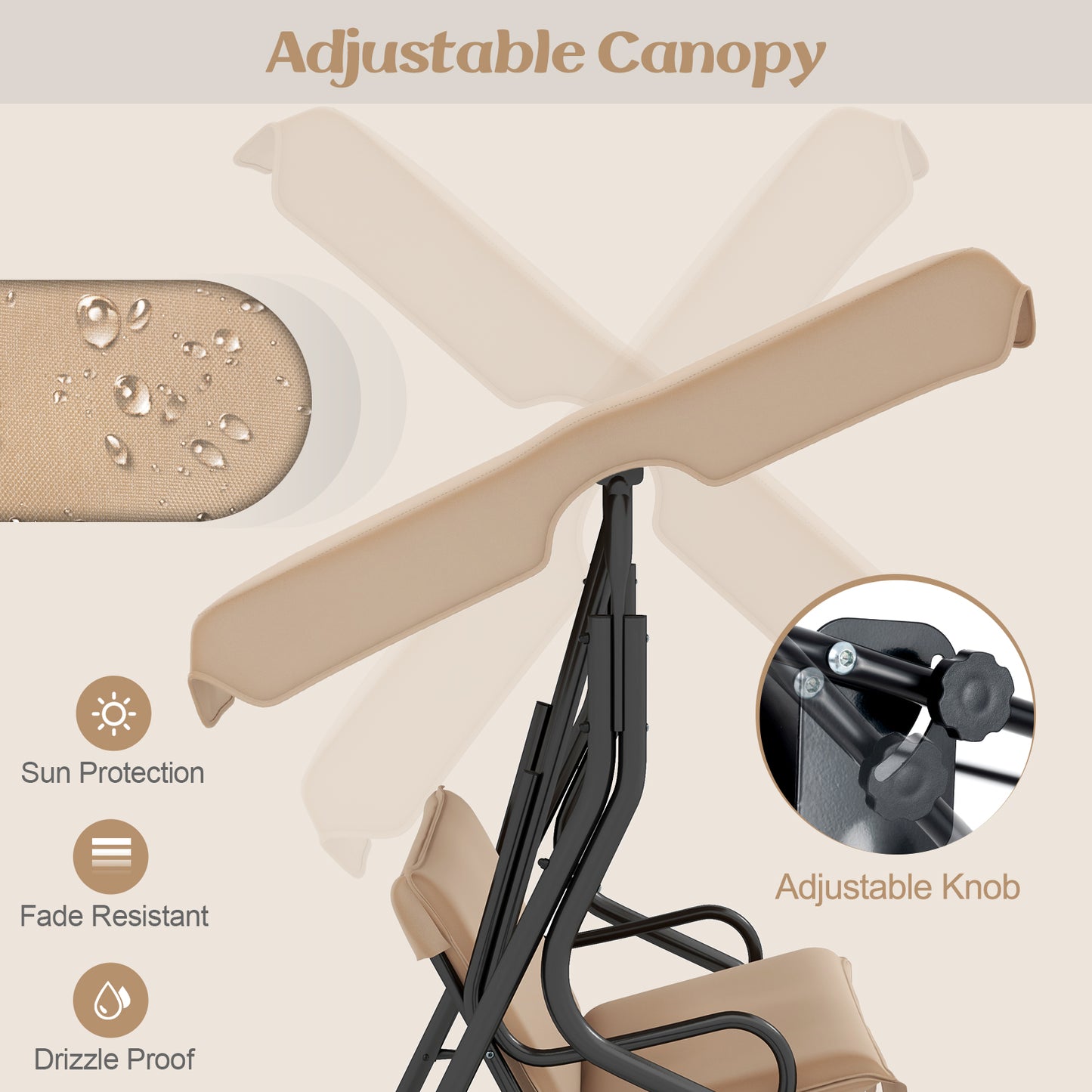 3 Seat Outdoor Patio Canopy Swing with Cushioned Steel Frame-Beige Kids Crystal