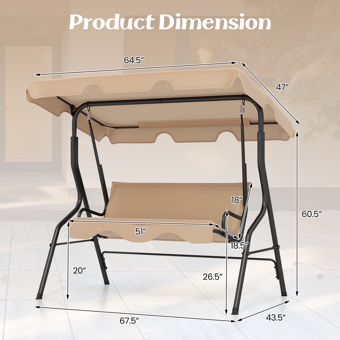 3 Seat Outdoor Patio Canopy Swing with Cushioned Steel Frame-Beige Kids Crystal